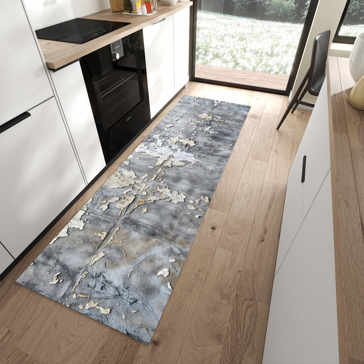 Fleckenresistenter moderner Küchenläufer mit Motiv Abblätternde Wand in moderner Küche