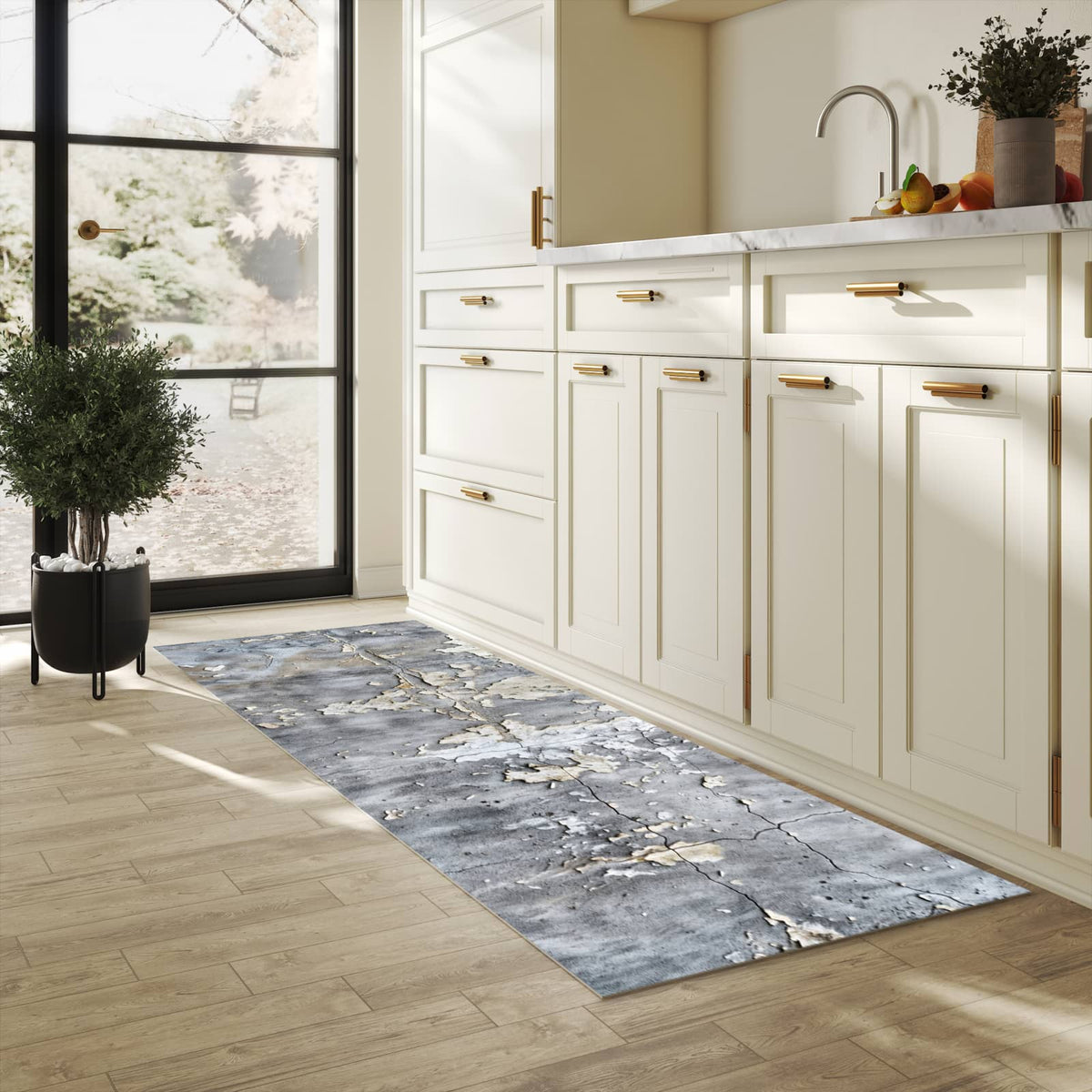 Bodenschonender Küchenteppich mit Motiv Abblätternde Wand in heller Küche