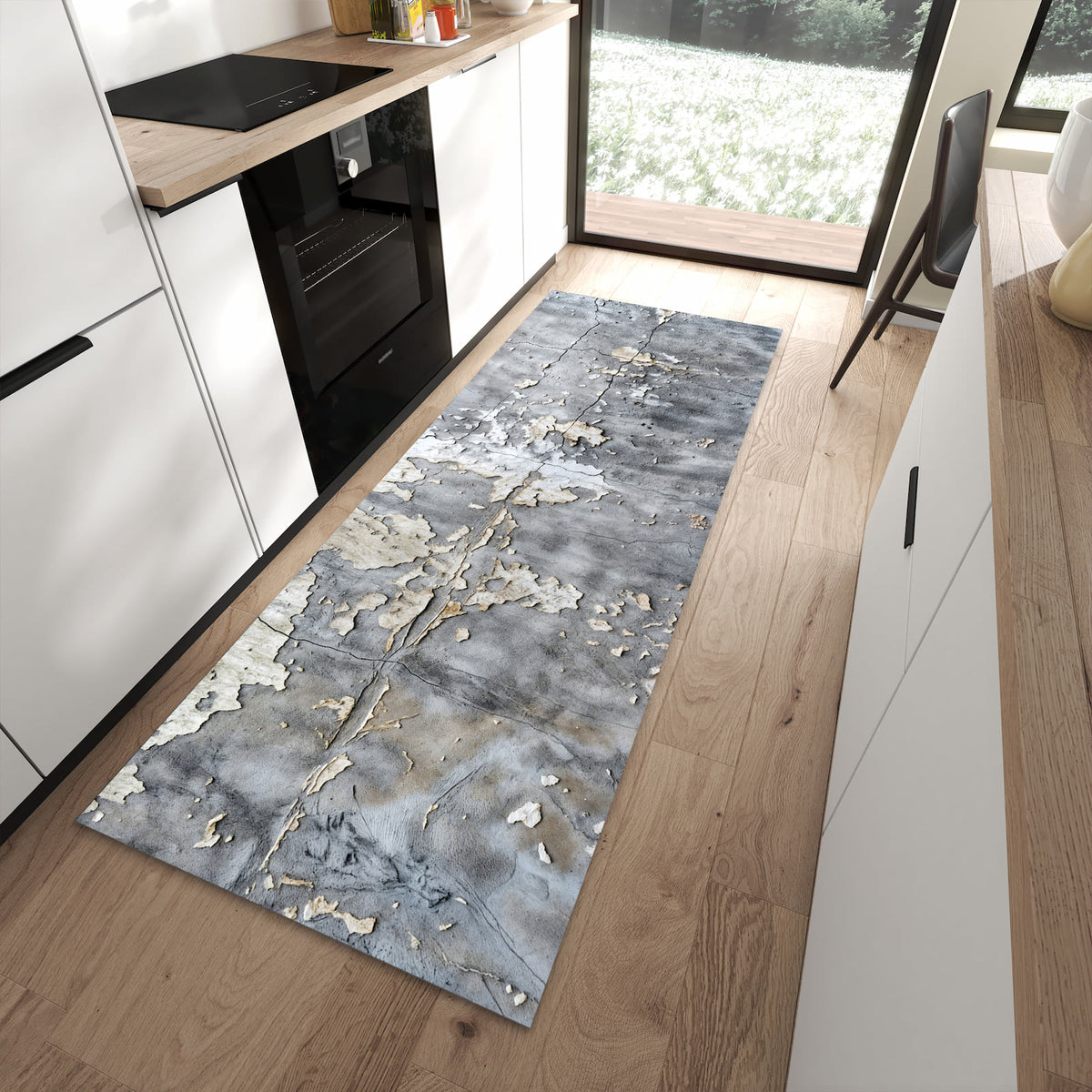 Flacher Küchenteppich mit Motiv Abblätternde Wand in moderner Küche