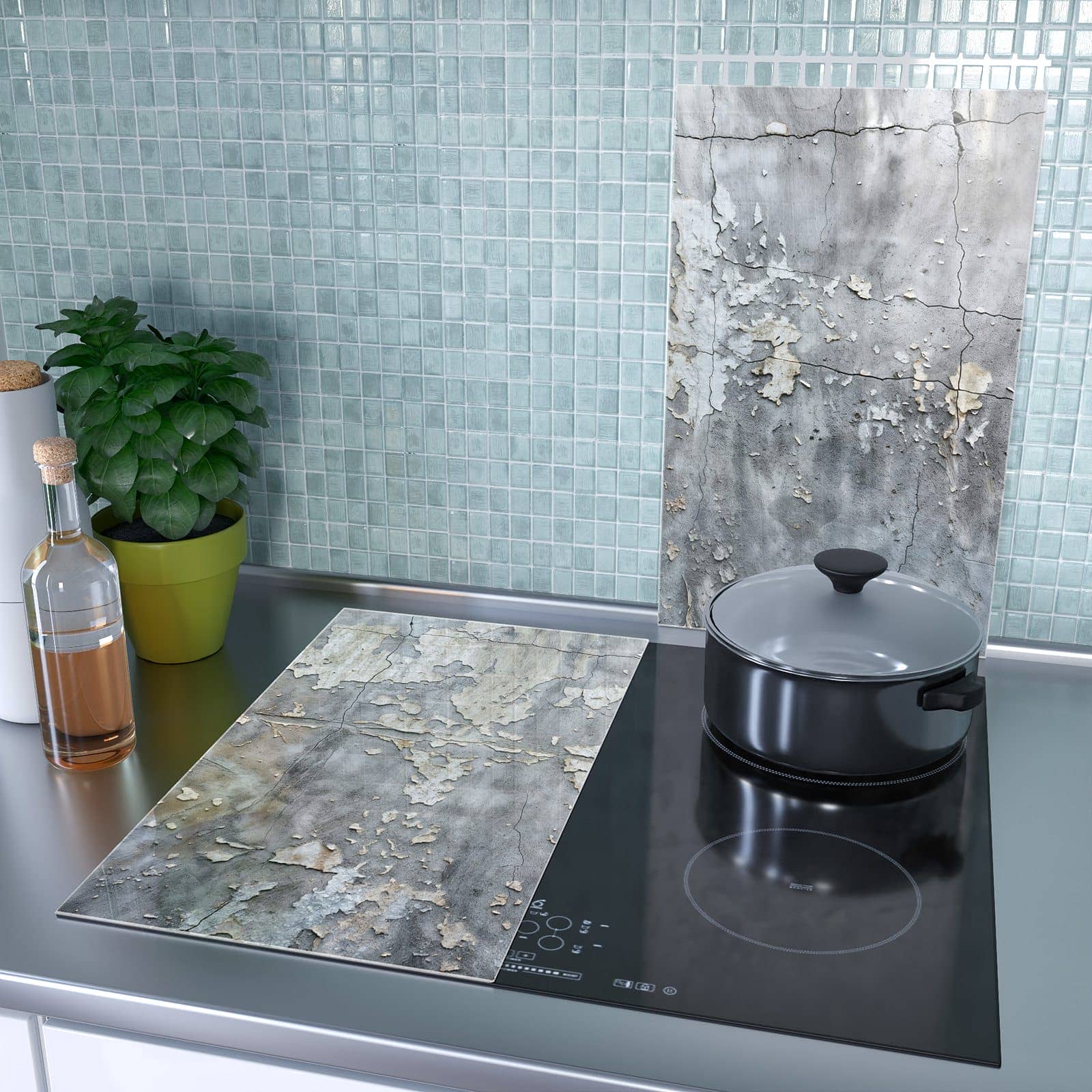 1-teilige Herdabdeckung aus Glas mit Abblätternde Wand-Motiv als Spritzschutz hinter dem Kochfeld