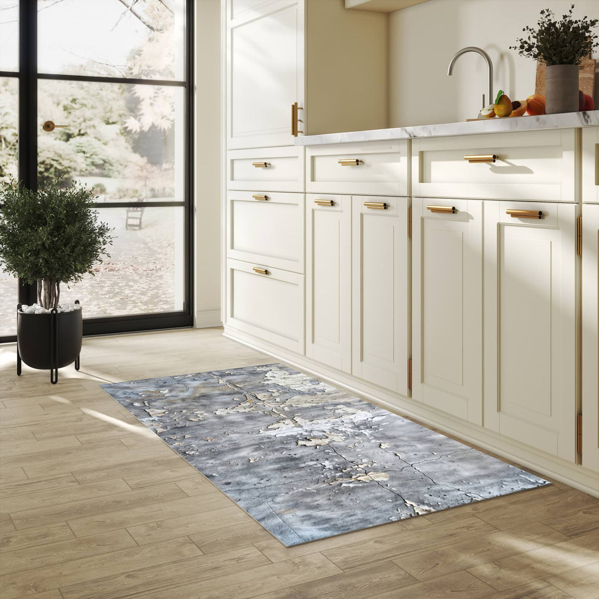Küchenteppich mit Motiv Abblätternde Wand in heller Küche für sicheres Aufbewahren