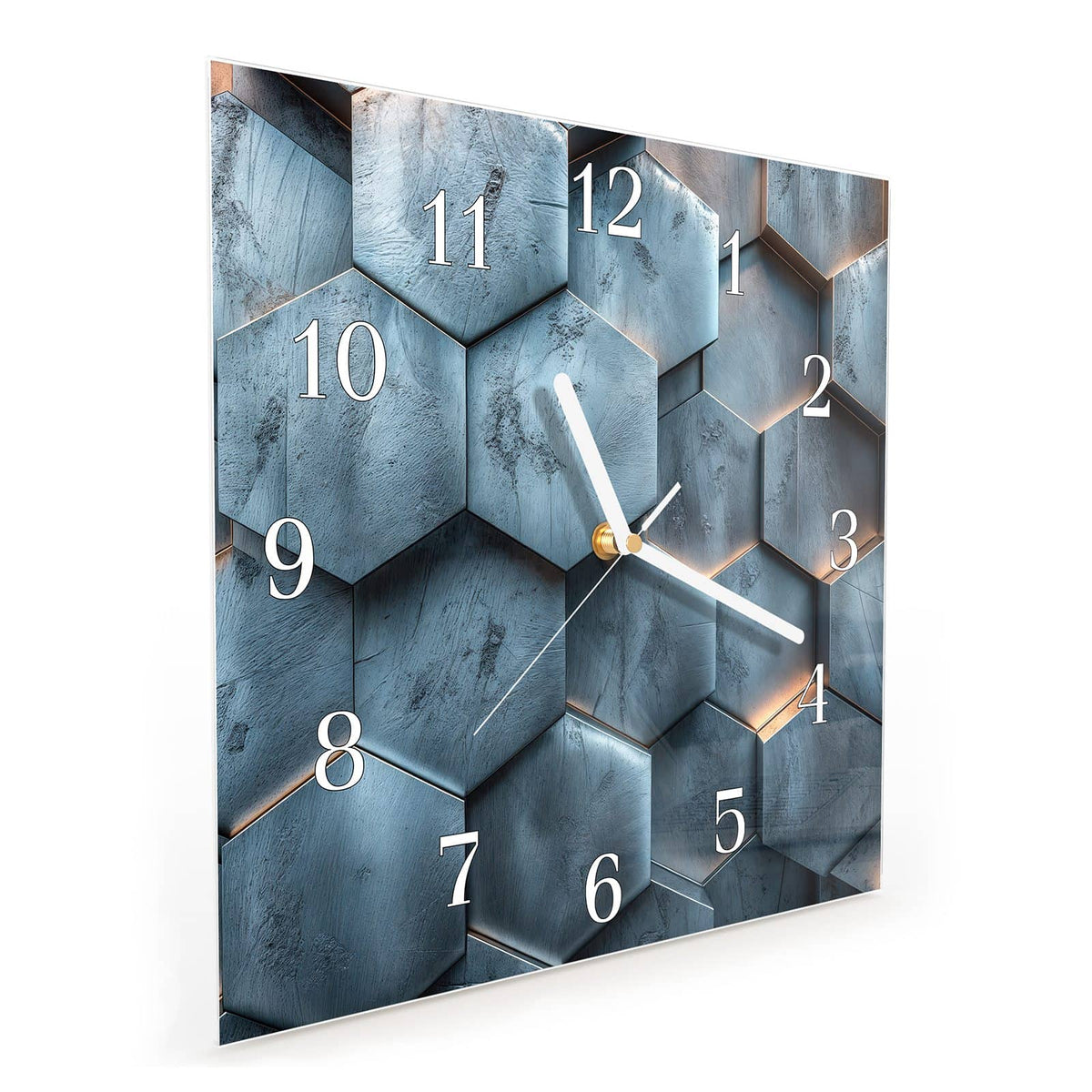 Quadratische Wanduhr aus Glas Wabenmuster in Blau schräg von der Seite, 4 mm starkes Glas