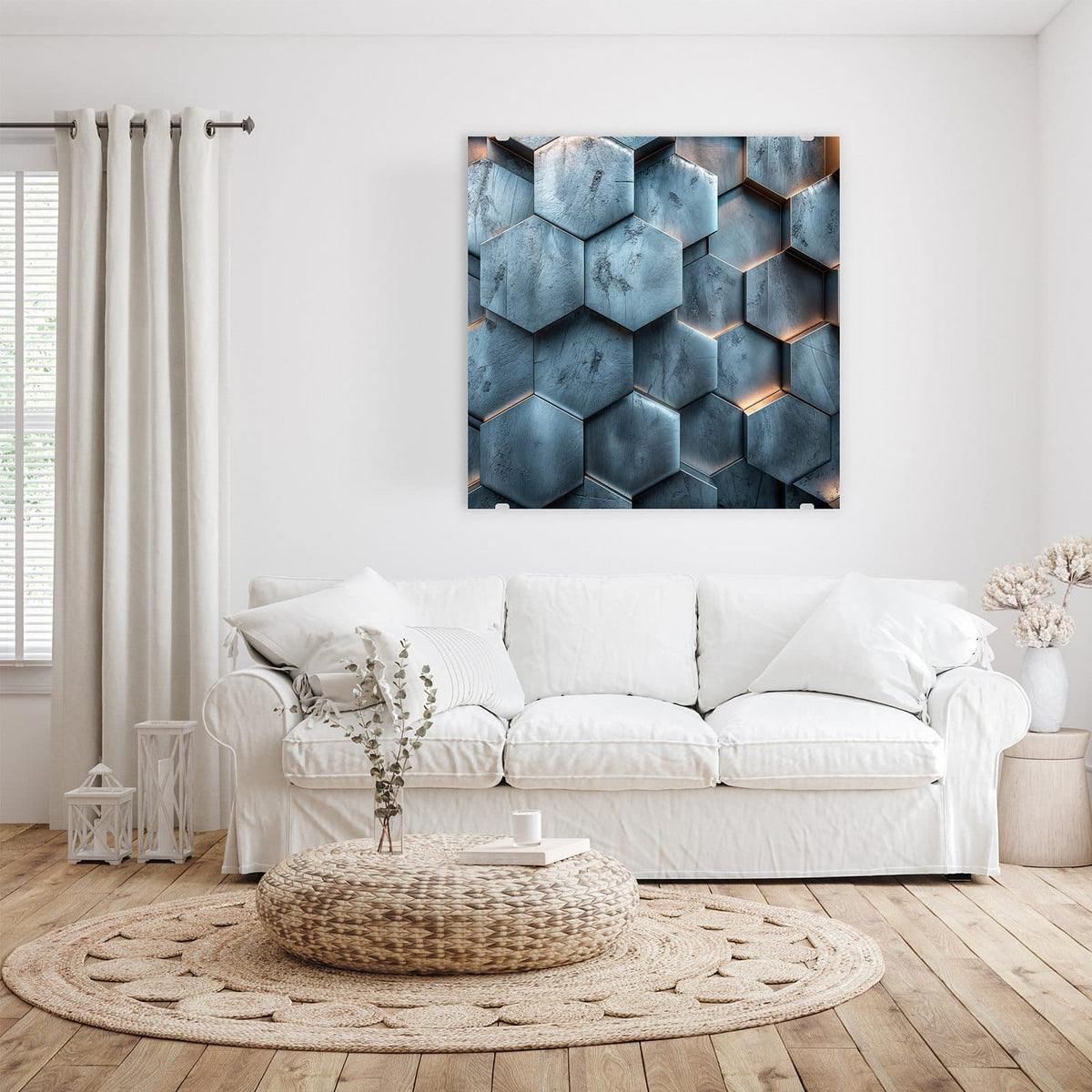 Glasbild Wabenmuster in Blau an der Wand – Dreidimensionale Sechseckplatten in Blaugrau mit warm leuchtenden Fugen