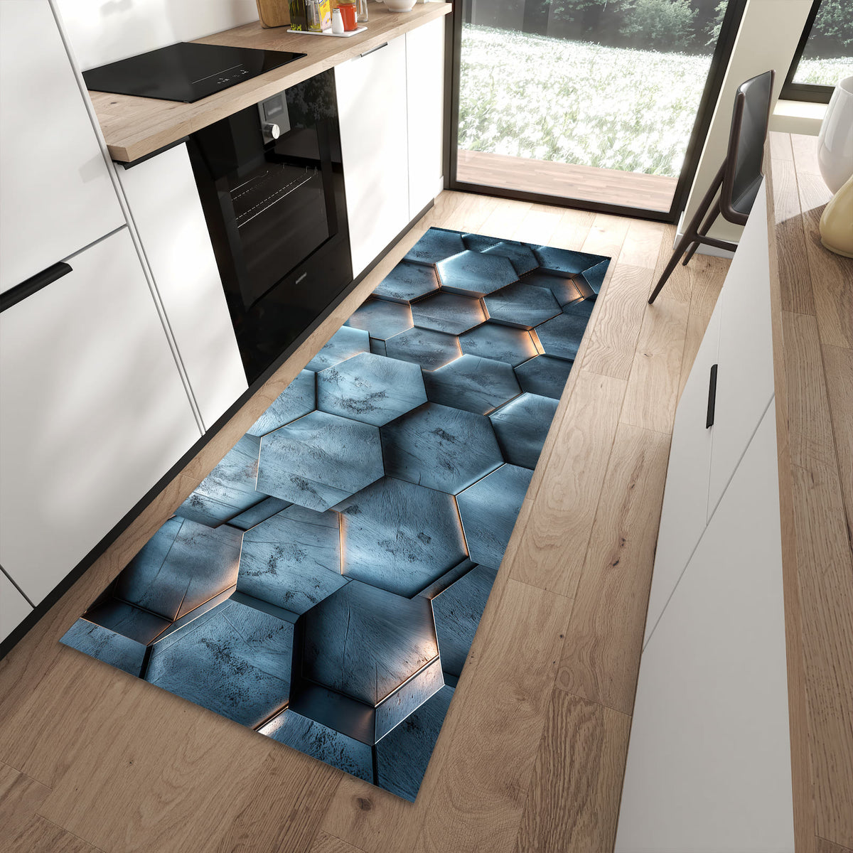 Farbbeständiger waschbarer Küchenläufer mit Motiv Hexagon Struktur in moderner Küche