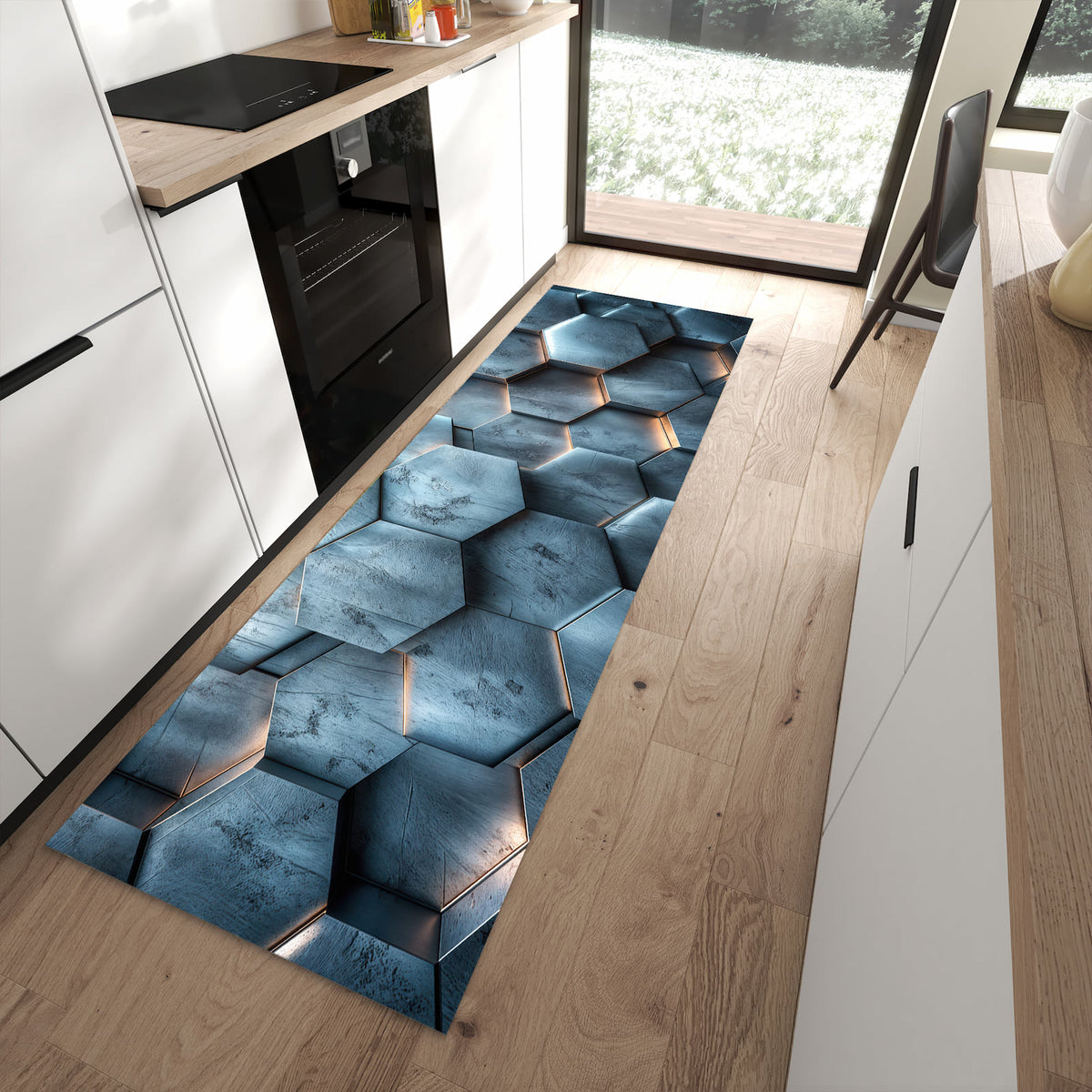 Feuchtigkeitsresistenter Küchenteppich mit Motiv Hexagon Struktur in moderner Küche