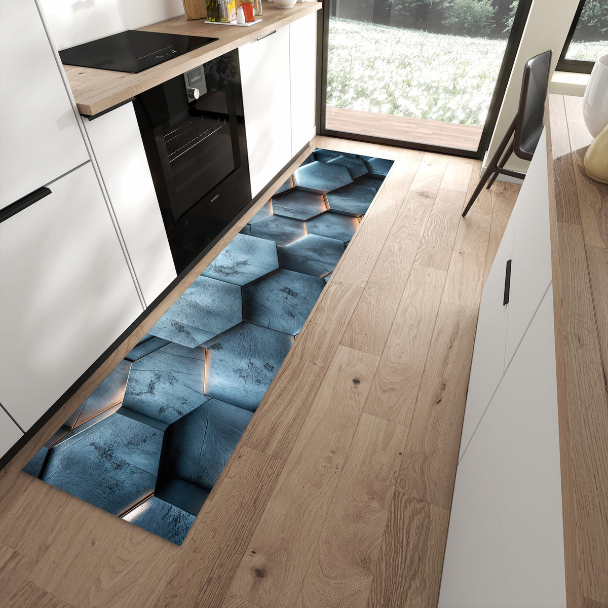 Strapazierfähiger Küchenteppich mit Motiv Hexagon Struktur in moderner Küche
