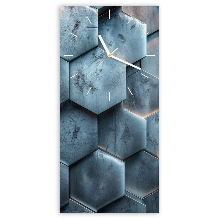 Wanduhr Hexagon Struktur aus Glas – Hochformat 30 × 60 cm mit Ziffernblatt Linie
