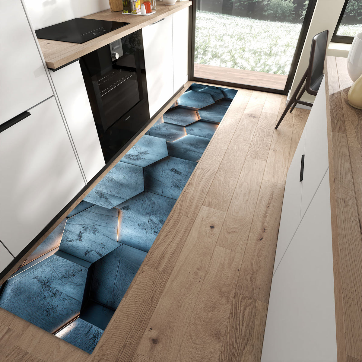 Waschbarer Küchenteppich mit Motiv Hexagon Struktur in moderner Küche