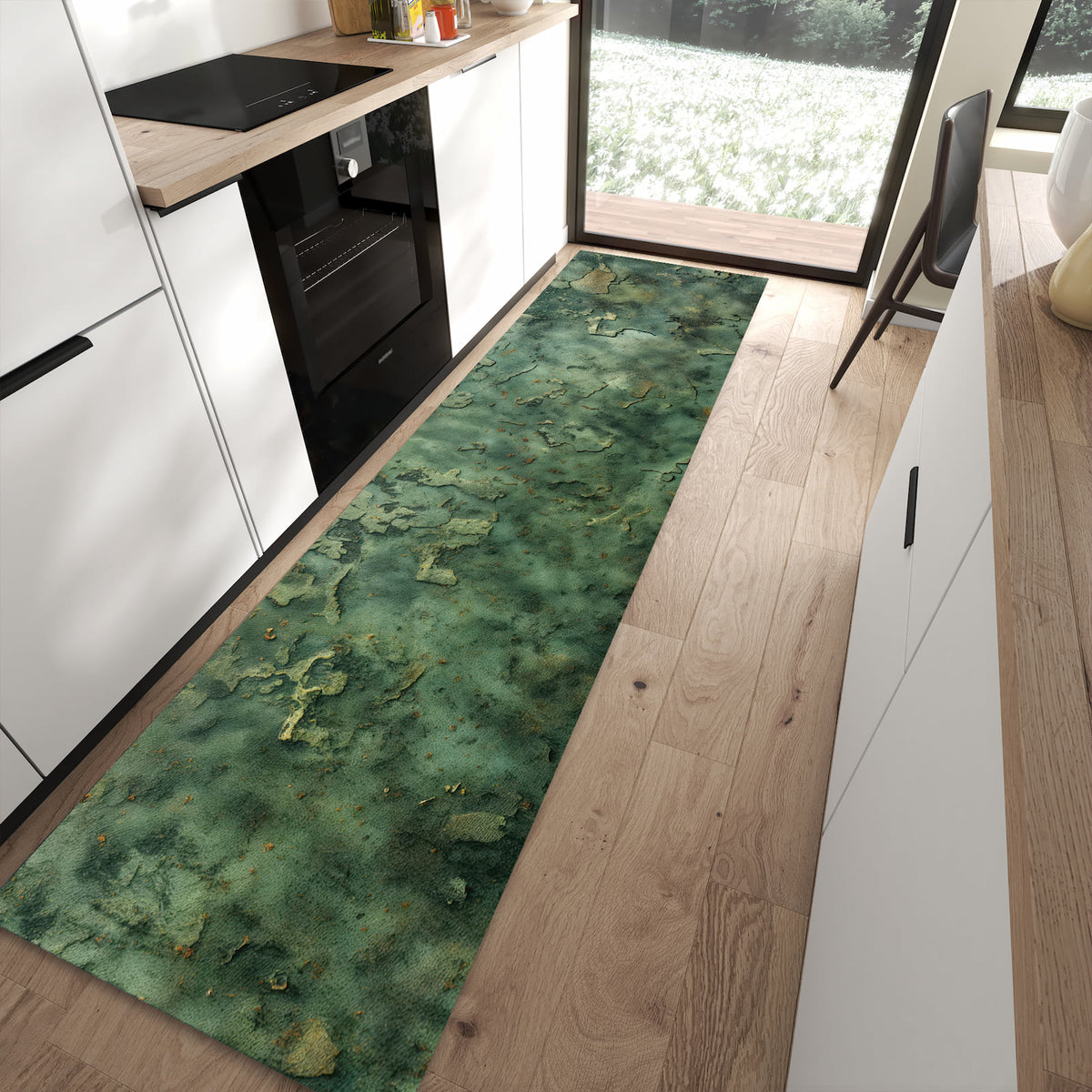 Geruchsneutraler Teppich in Küche mit Motiv Verwitterte Textur in moderner Küche