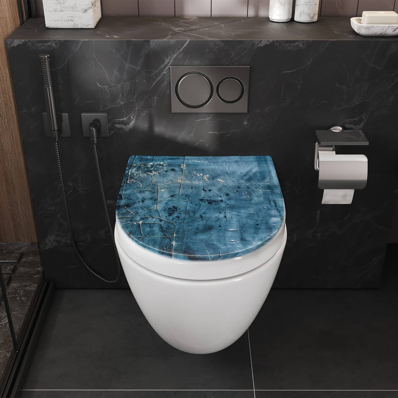 Sichere Toilettenbrille mit Motiv Verwitterte & Wand im Badezimmer perspektive von vorne