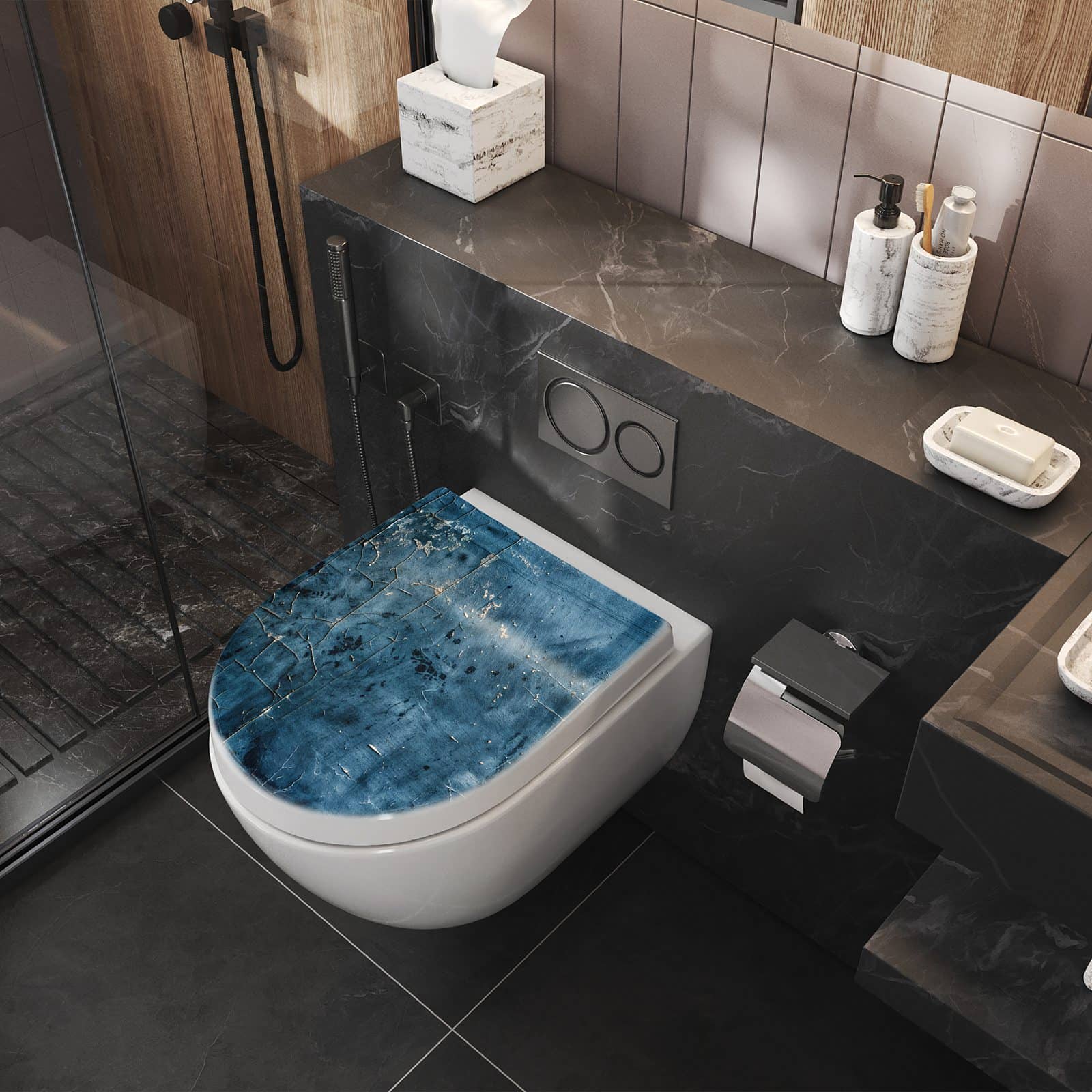 Universelle Klobrille mit Motiv Verwitterte & Wand im Badezimmer seitliche Perspektive