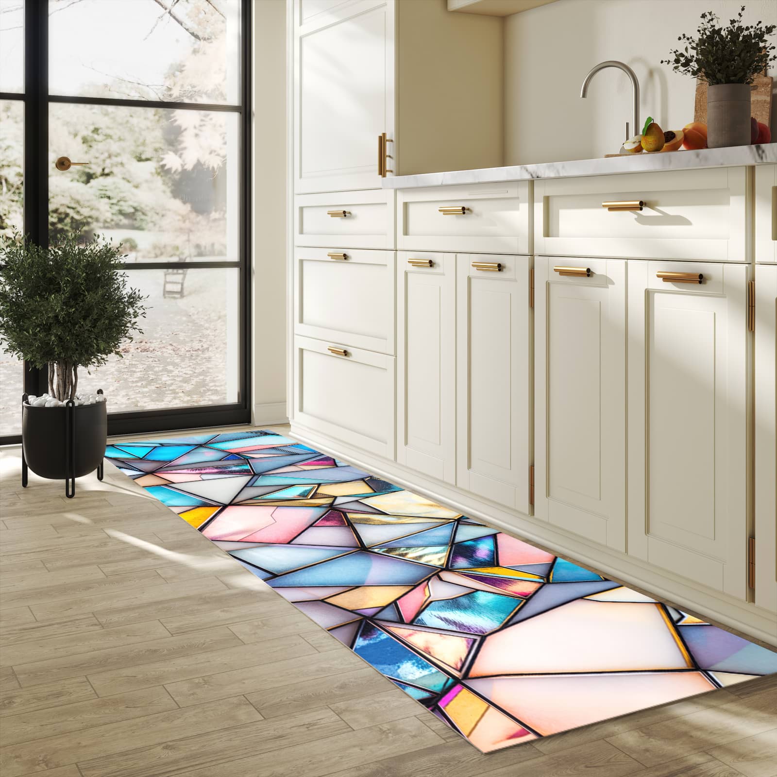 Dünner waschbarer Küchenteppich mit Motiv Buntes Glasmosaik für angenehme Haptik in heller Küche