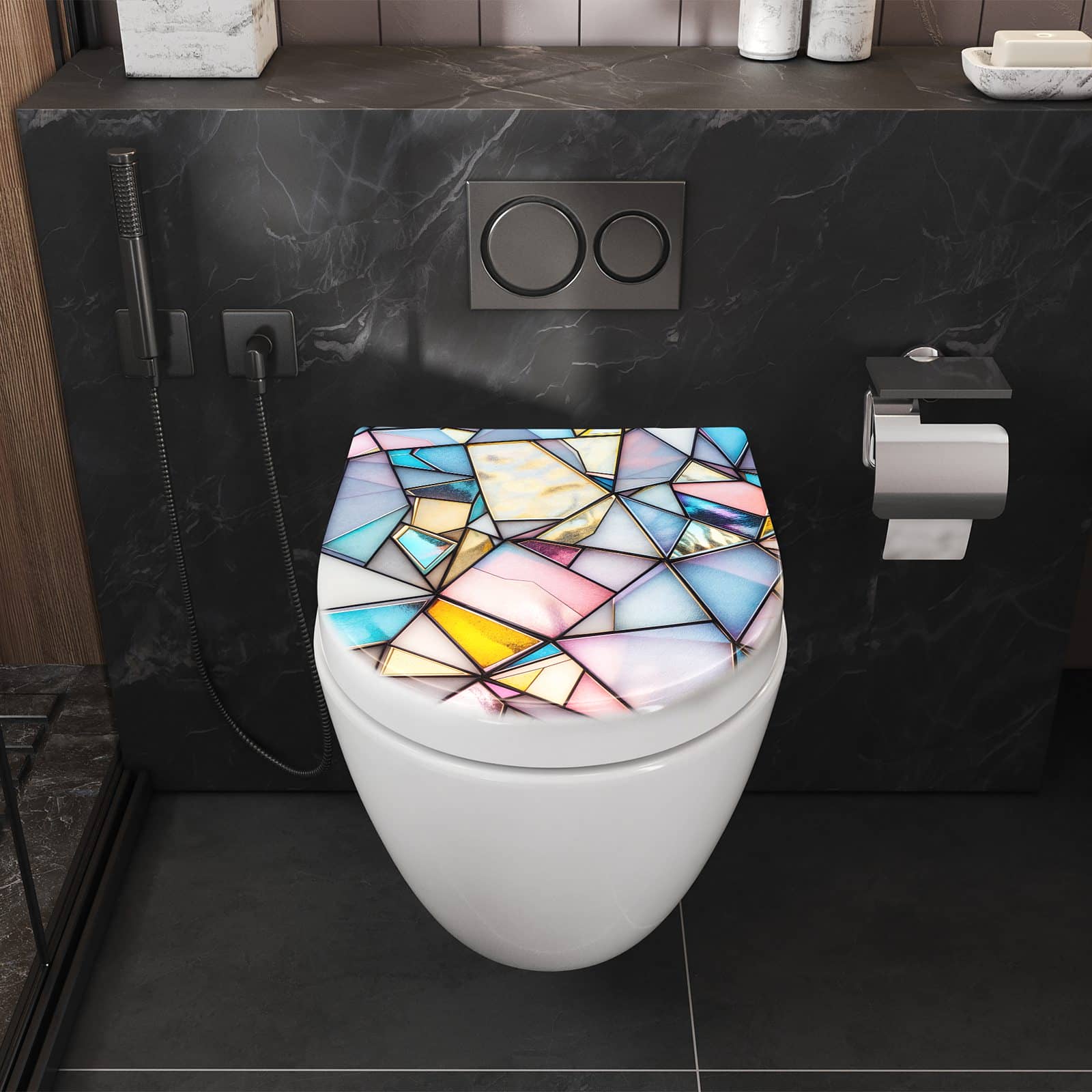 WC-Sitz mit Absenkautomatik Buntes Glasmosaik