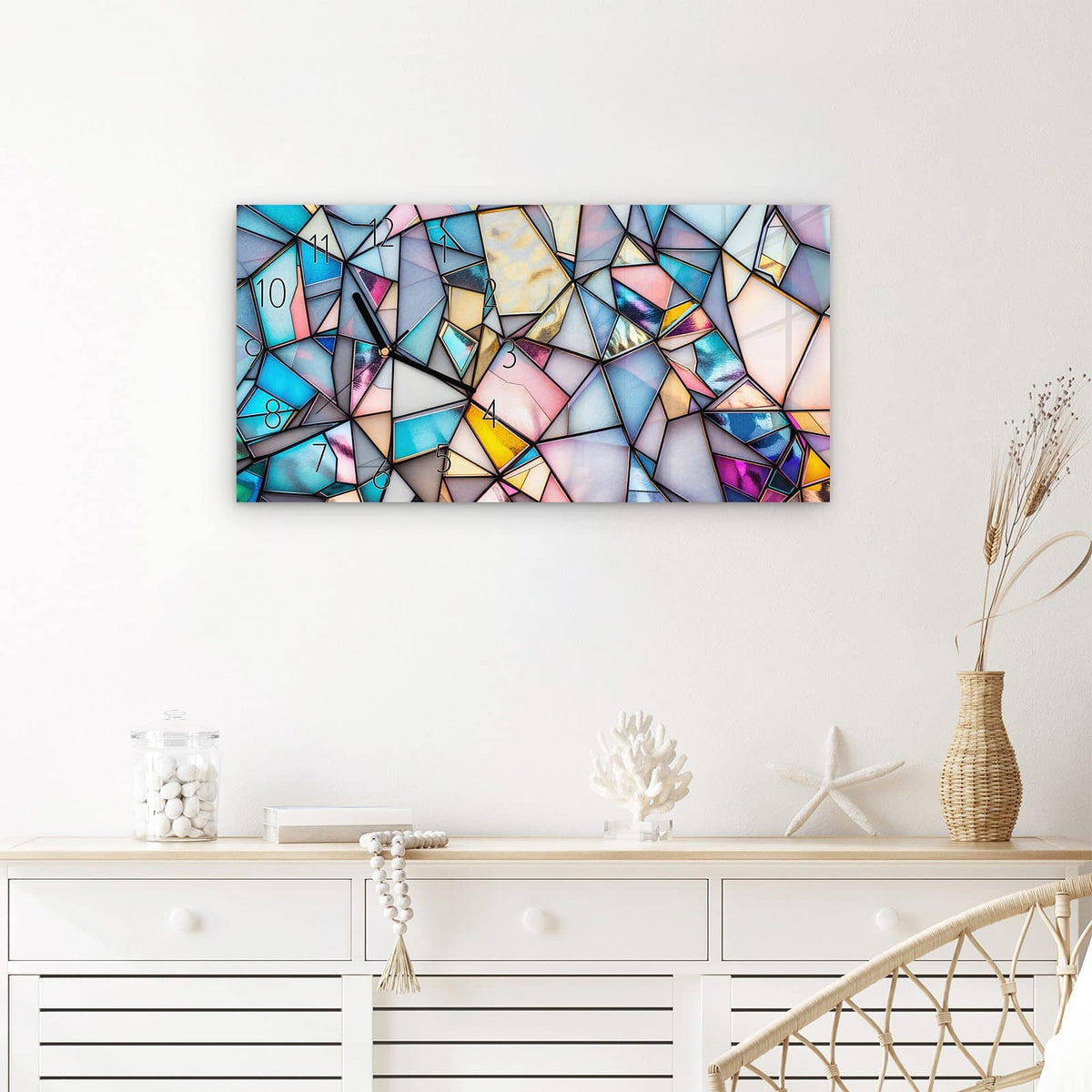 Wanduhr Buntes Glasmosaik aus Glas – Querformat 60 × 30 cm – Buntglasfenster mit schwarzen Konturen