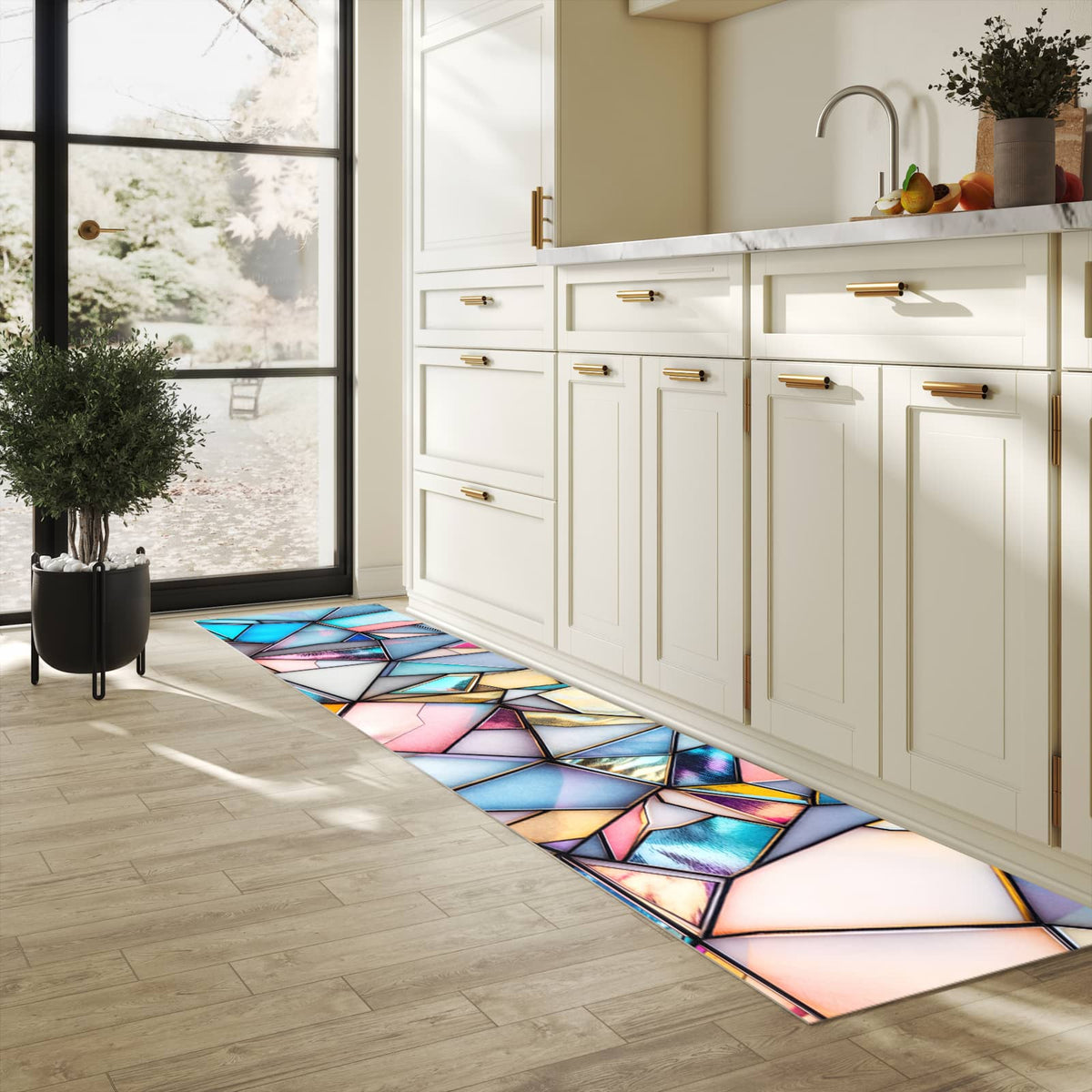 Flacher Küchenläufer mit Motiv Buntes Glasmosaik in heller Küche für lange Teppiche
