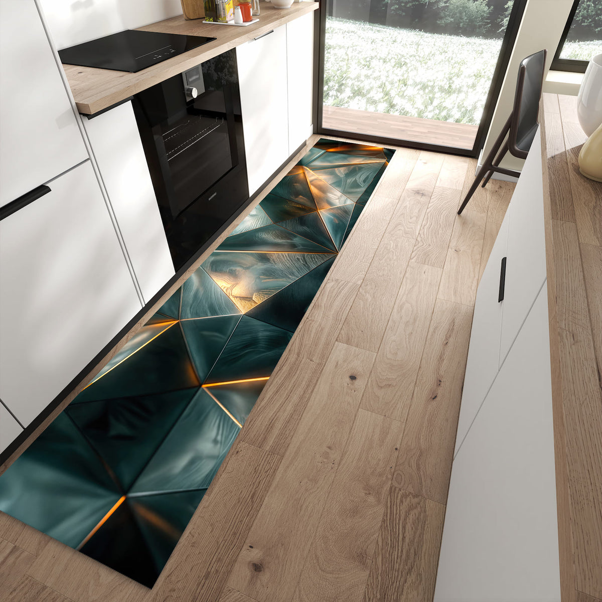 Wasserabweisender Küchenteppich mit Motiv Kunstvolle Geometrie in moderner Küche