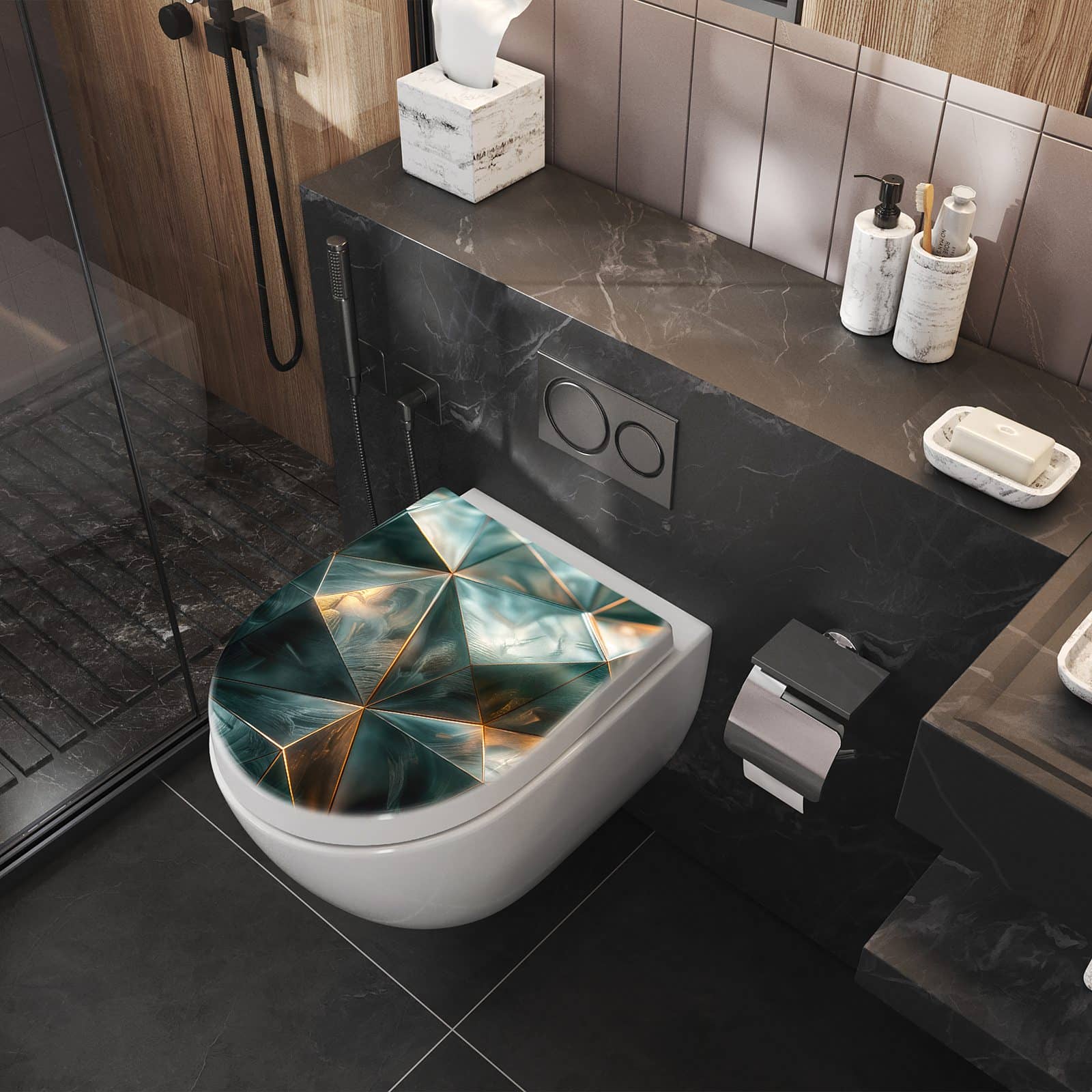 WC-Sitz mit Absenkautomatik Kunstvolle Geometrie