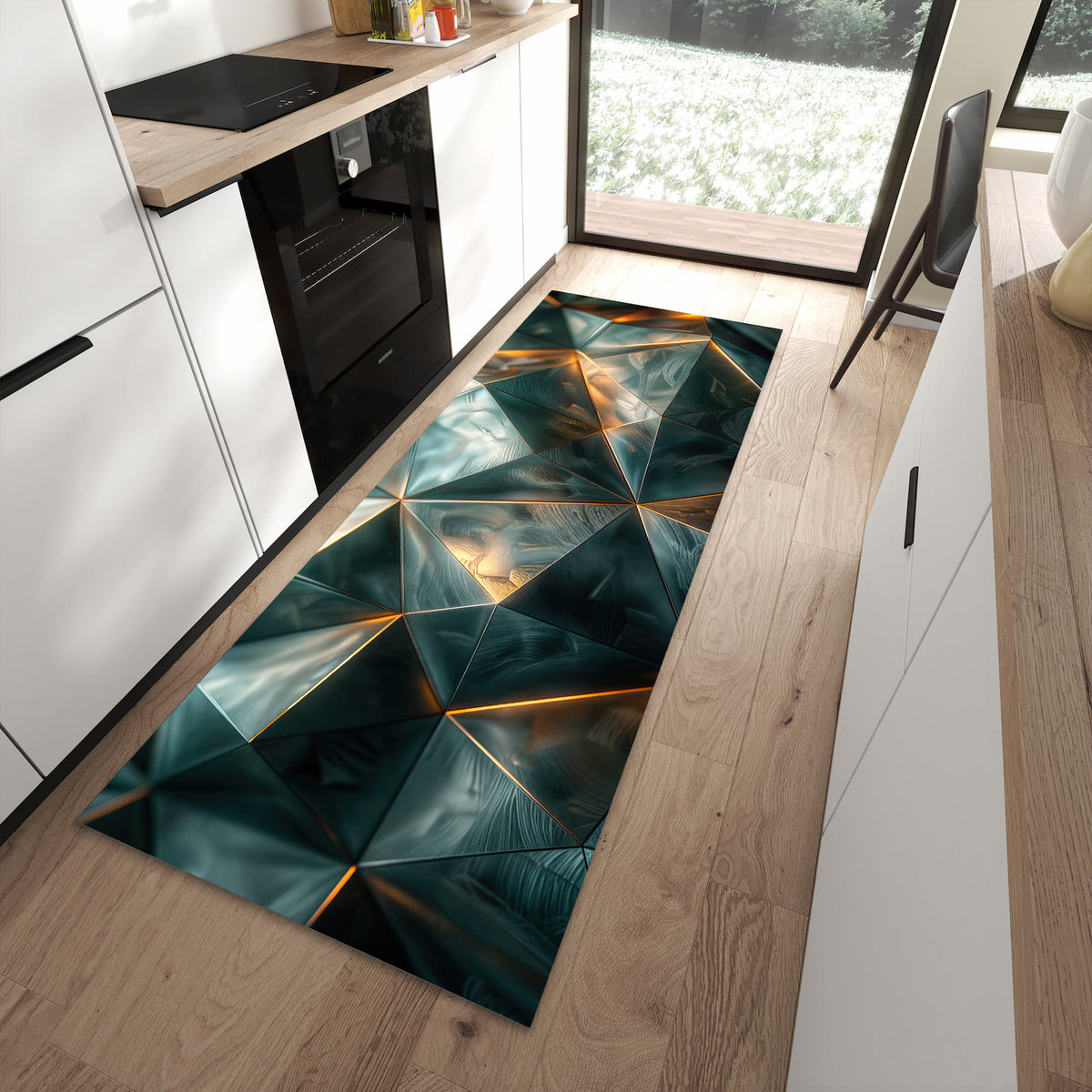 Komfortabler großer Küchenteppich mit Motiv Kunstvolle Geometrie in moderner Küche