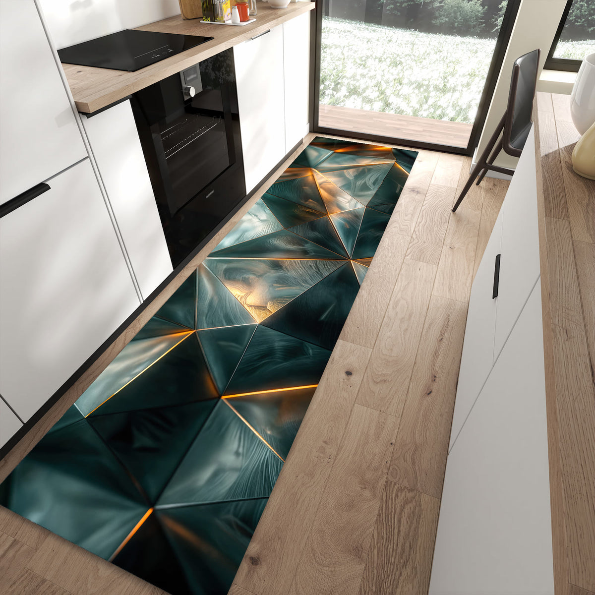 Flacher Küchenteppich mit Motiv Kunstvolle Geometrie in moderner Küche - waschbar