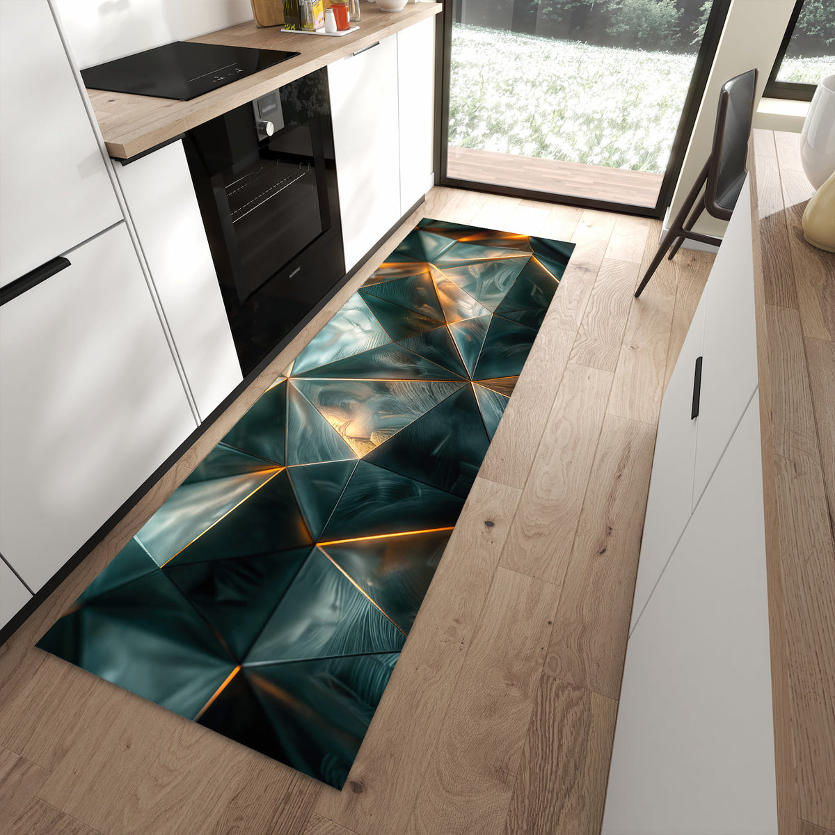 Geruchsneutraler rutschfester Küchenteppich mit Motiv Kunstvolle Geometrie in moderner Küche