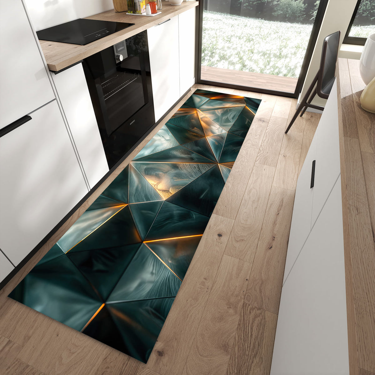 Langlebiger Küchenteppich mit Motiv Kunstvolle Geometrie in moderner Küche