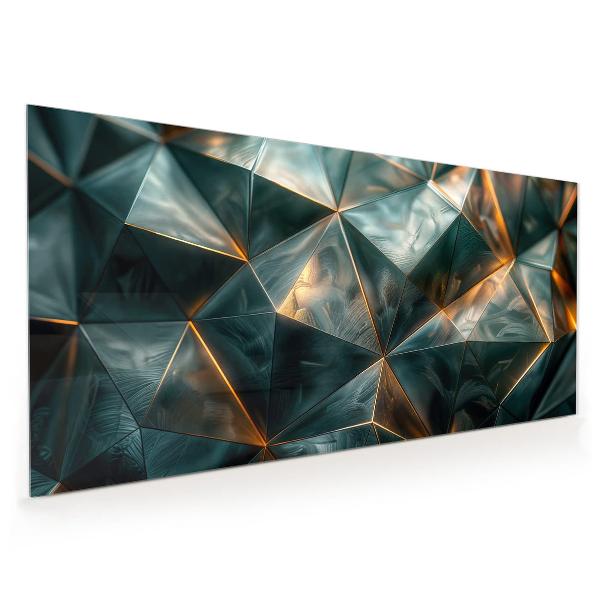 Küchenrückwand aus Glas im Hochformat mit Motiv Dreiecke mit Goldkanten: Große Dreiecksfacetten in dunklem Petrolgrün, die Kanten leuchten goldbraun