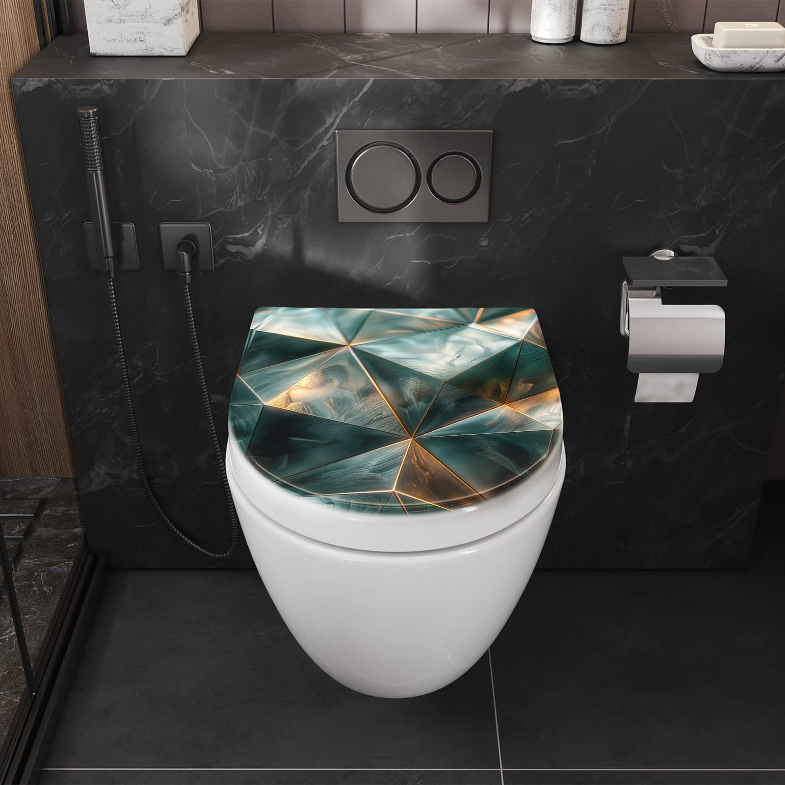 WC-Sitz mit Absenkautomatik Kunstvolle Geometrie