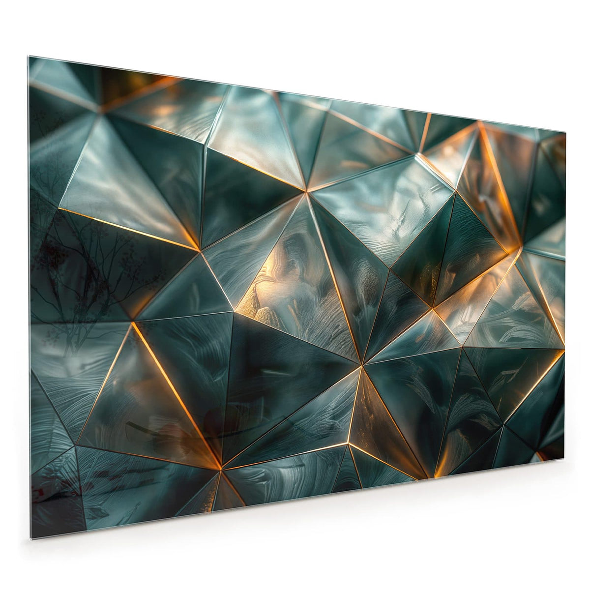 Küchenrückwand aus Glas im Hochformat mit Motiv Dreiecke mit Goldkanten: Große Dreiecksfacetten in dunklem Petrolgrün, die Kanten leuchten goldbraun