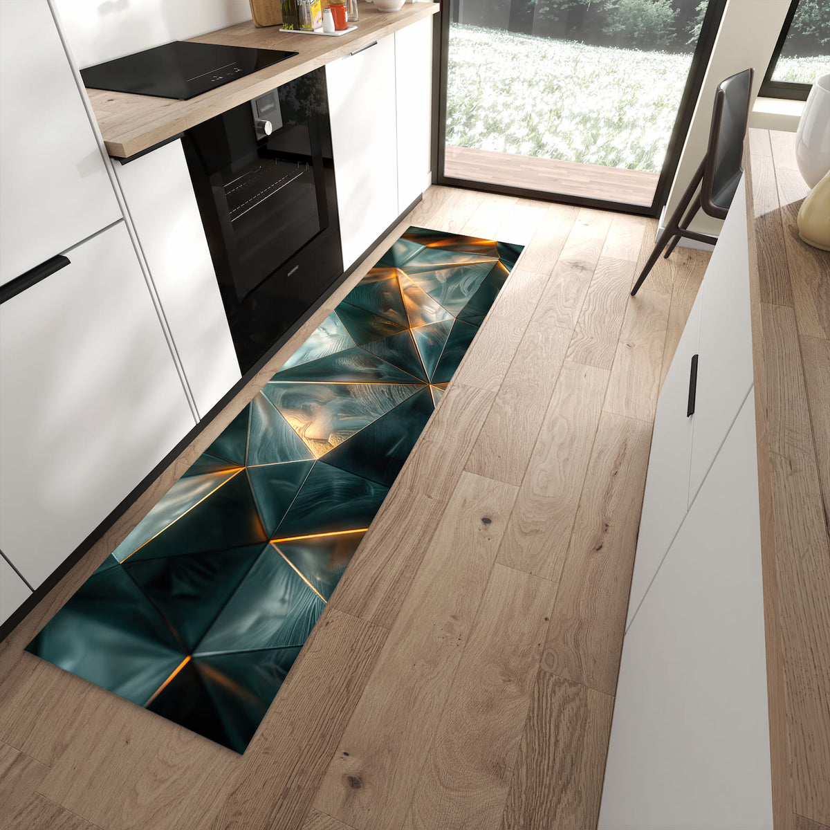 UV-beständiger Bodenläufer mit Motiv Kunstvolle Geometrie in moderner Küche