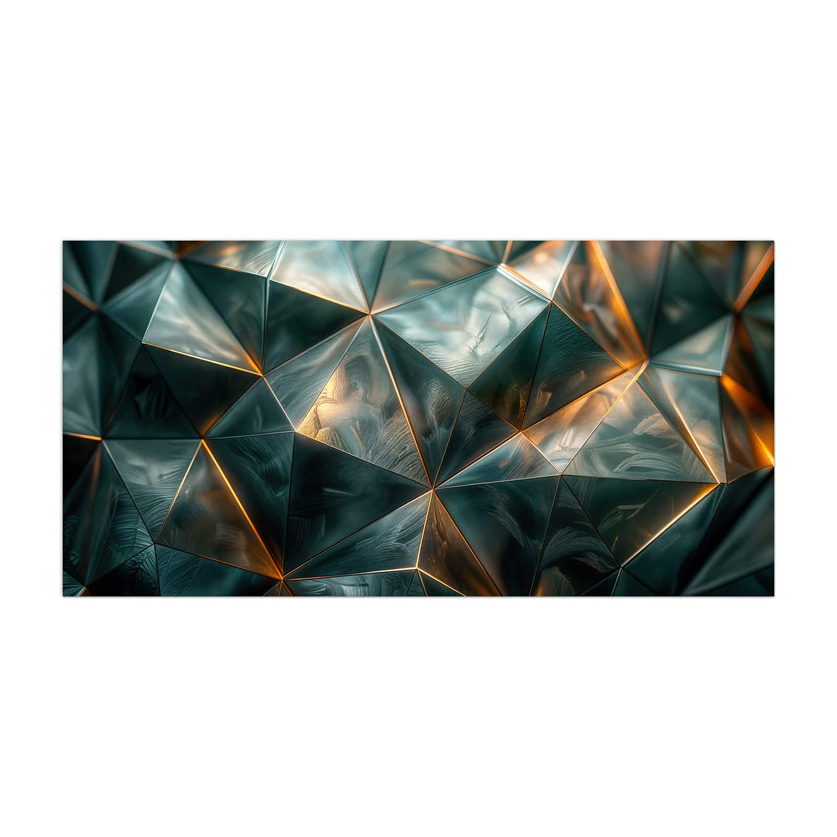 Küchenrückwand aus Glas Dreiecke mit Goldkanten im Hochformat, Motiv bildfüllend von vorn