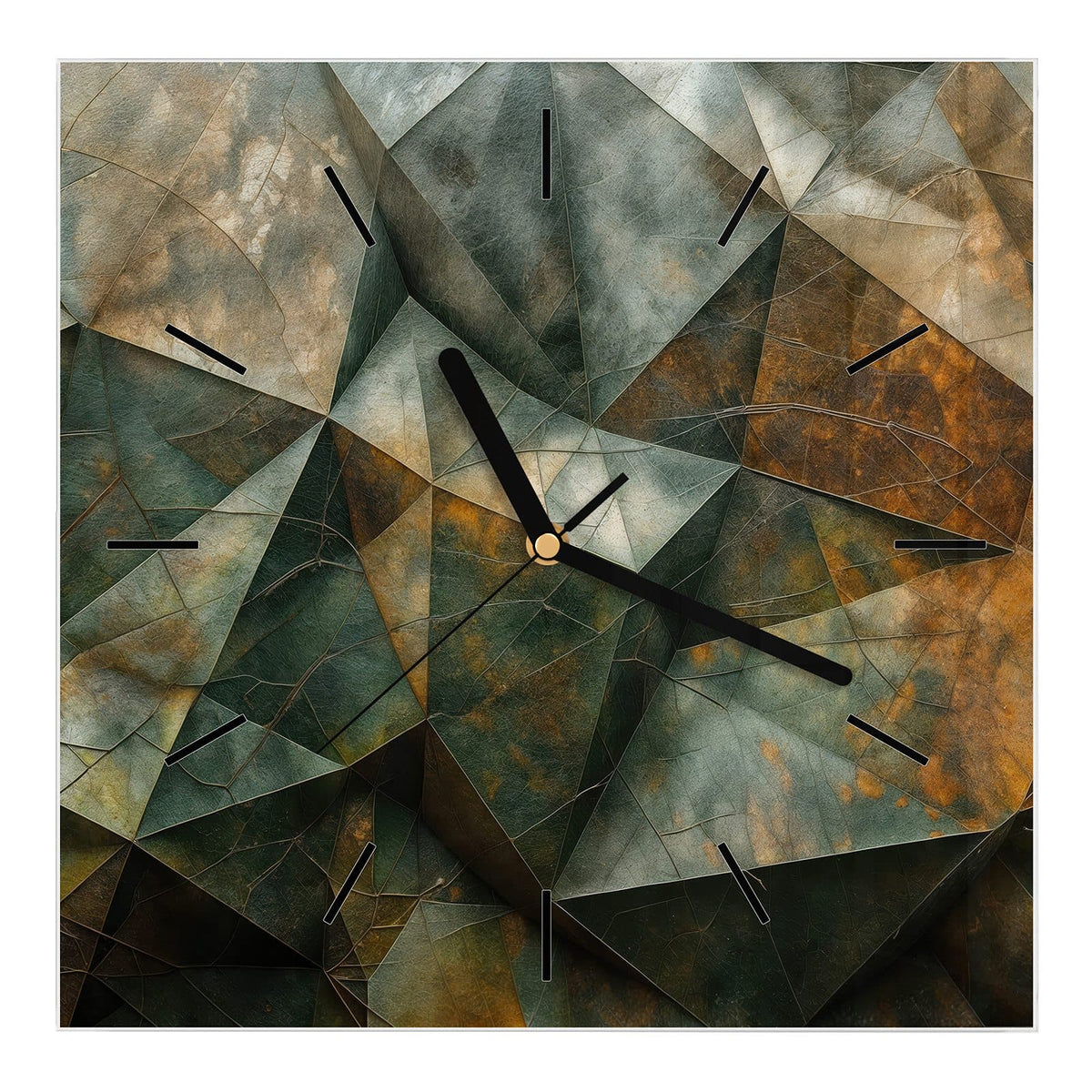 Wanduhr aus Glas, Ziffernblatt Linie: Facettierte Steinflächen in Grüngrau und Rostbraun
