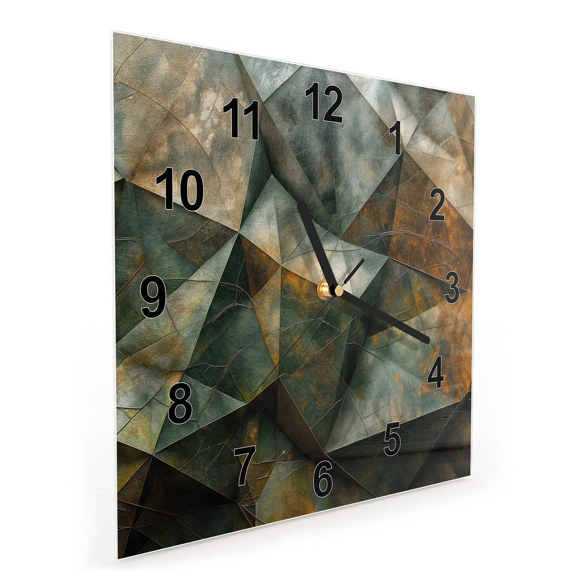 Quadratische Wanduhr aus Glas Grüne Steinfacetten schräg von der Seite, 4 mm starkes Glas