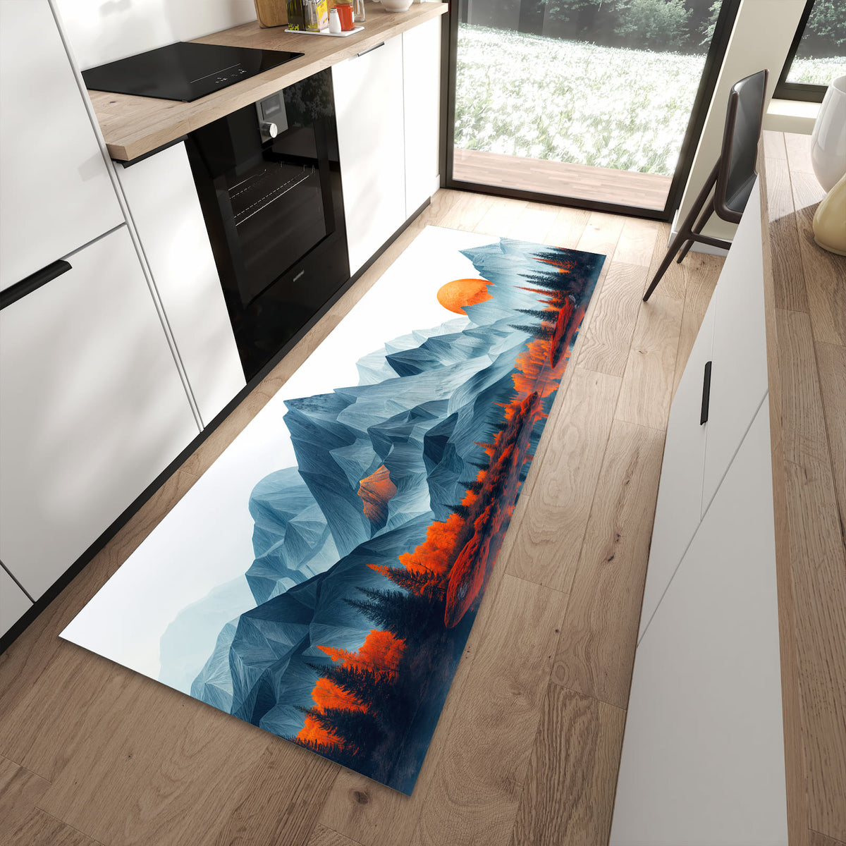 Pflegeleichter Küchenläufer mit Motiv Berge Mit Spiegelung in moderner Küche