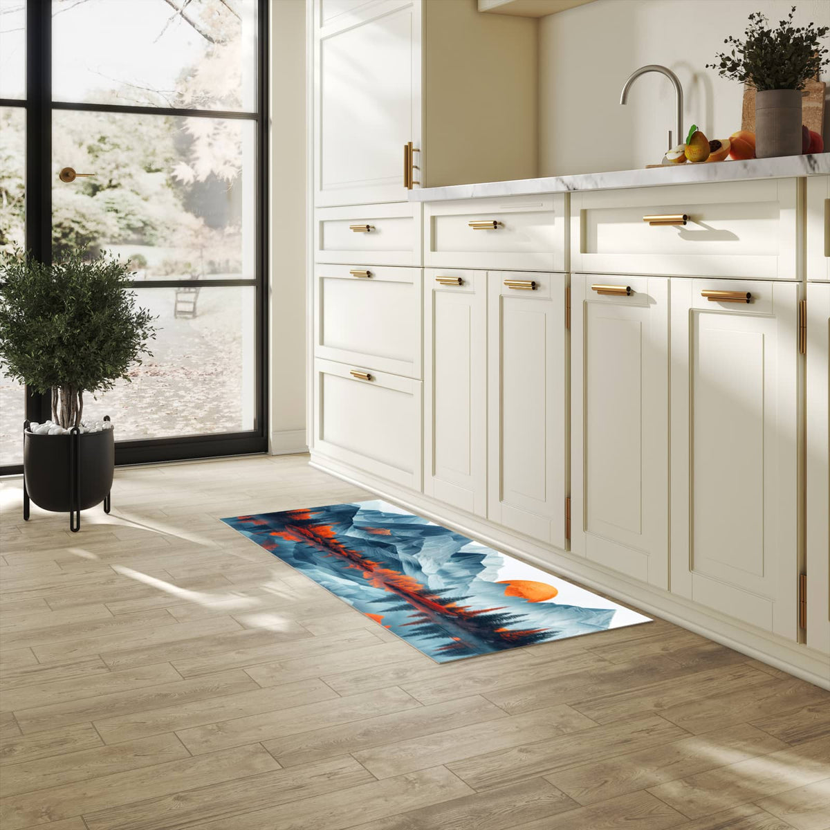 Küchenteppich mit Motiv Berge Mit Spiegelung für Ordnung & Übersicht in heller Küche
