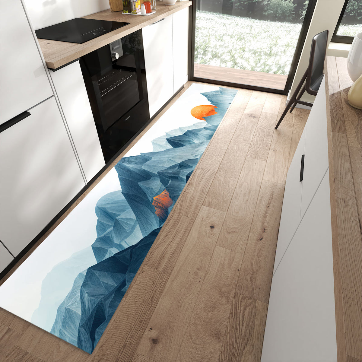 Schmutzabweisender Teppich für die Küche mit Motiv Berge Mit Spiegelung in moderner Küche