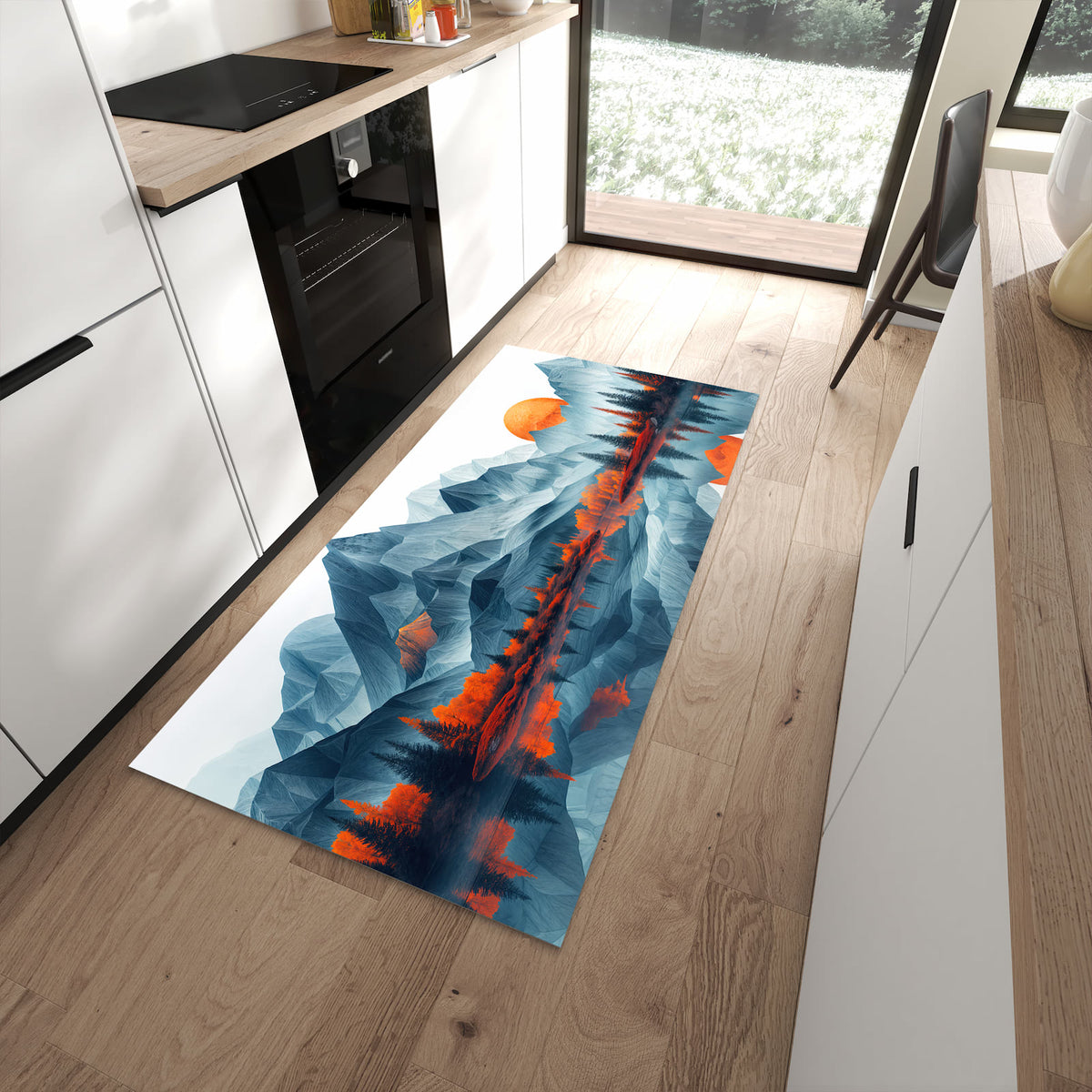 Rutschfester Küchenläufer mit Motiv Berge Mit Spiegelung in moderner Küche