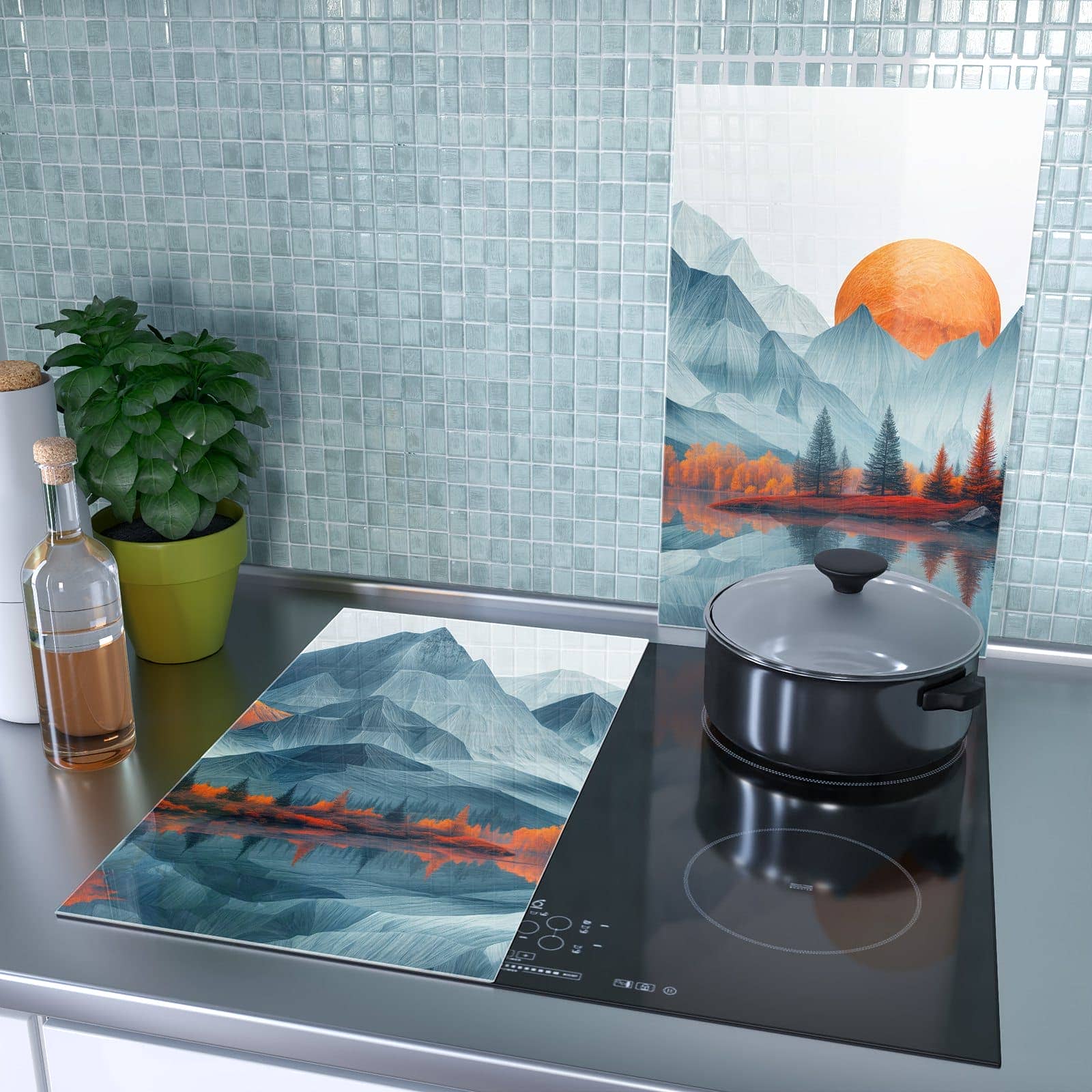 2-teilige Herdabdeckplatte mit Berge Mit Spiegelung-Motiv als Spritzschutz hinter dem Kochfeld