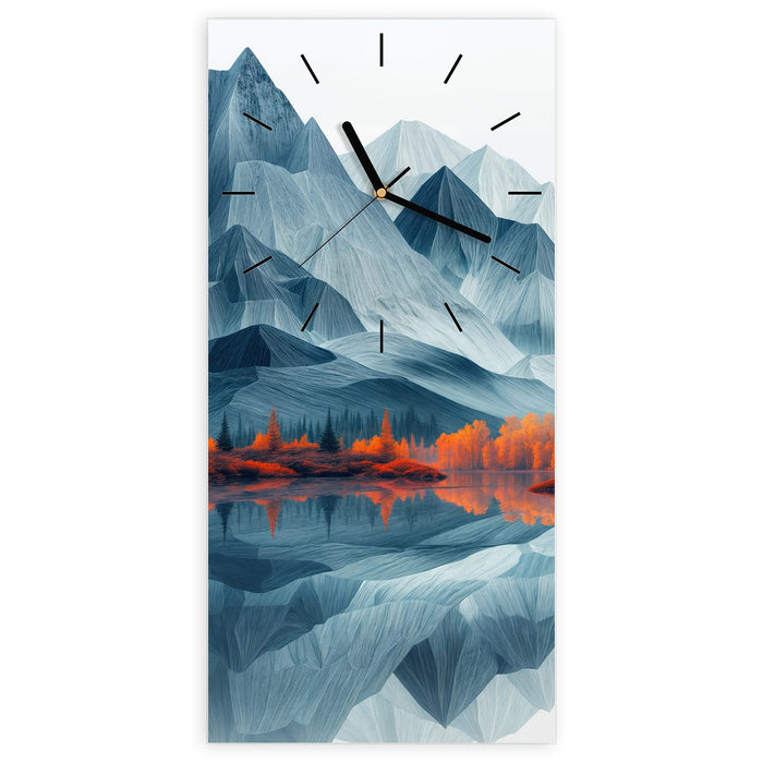 Wanduhr Berge Mit Spiegelung aus Glas – Hochformat 30 × 60 cm mit Ziffernblatt Linie