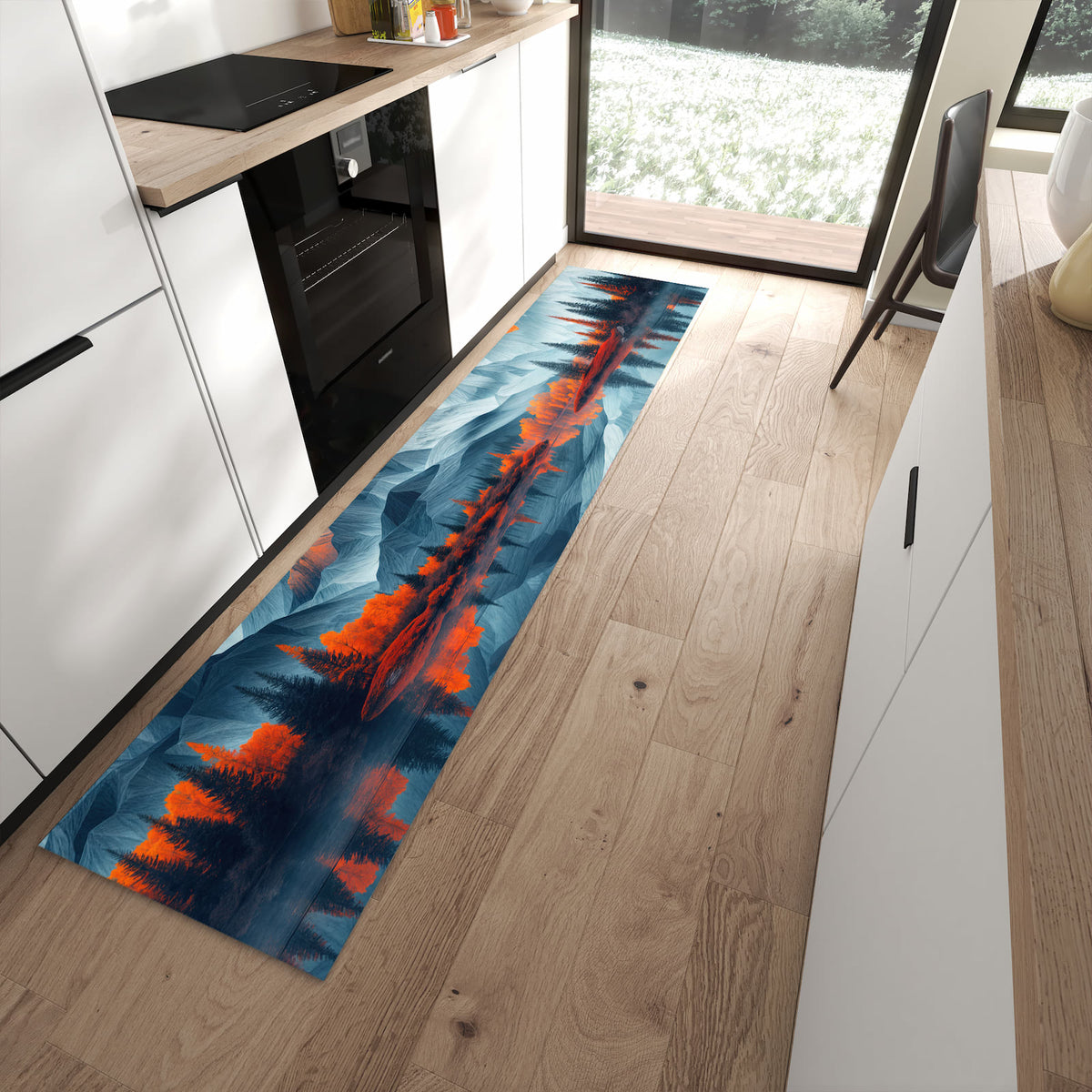 Fleckenresistenter Küchenteppich mit Motiv Berge Mit Spiegelung in moderner Küche