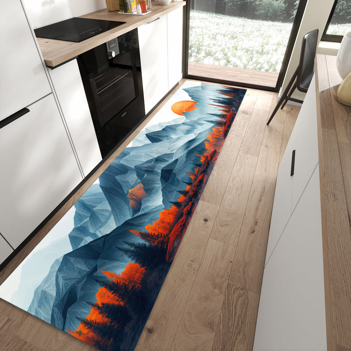 Komfortabler Küchenläufer mit Motiv Berge Mit Spiegelung in moderner Küche