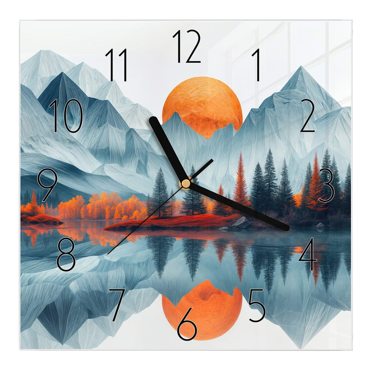 Wanduhr aus Glas, Ziffernblatt Elegant mit Motiv Berge mit Spiegelung: Stilisierte blaue Berge, orange Sonne und Herbstbäume, im See gespiegelt #ziffernblatt_Elegant
