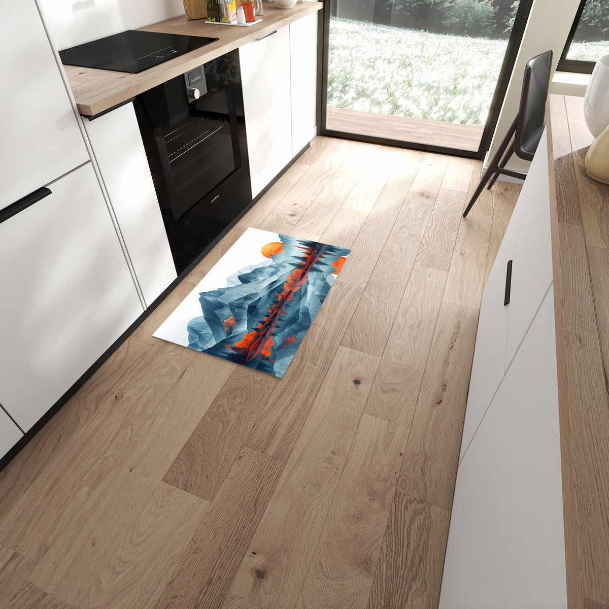 Geruchsneutraler Küchenteppich mit Motiv Berge Mit Spiegelung in moderner Küche