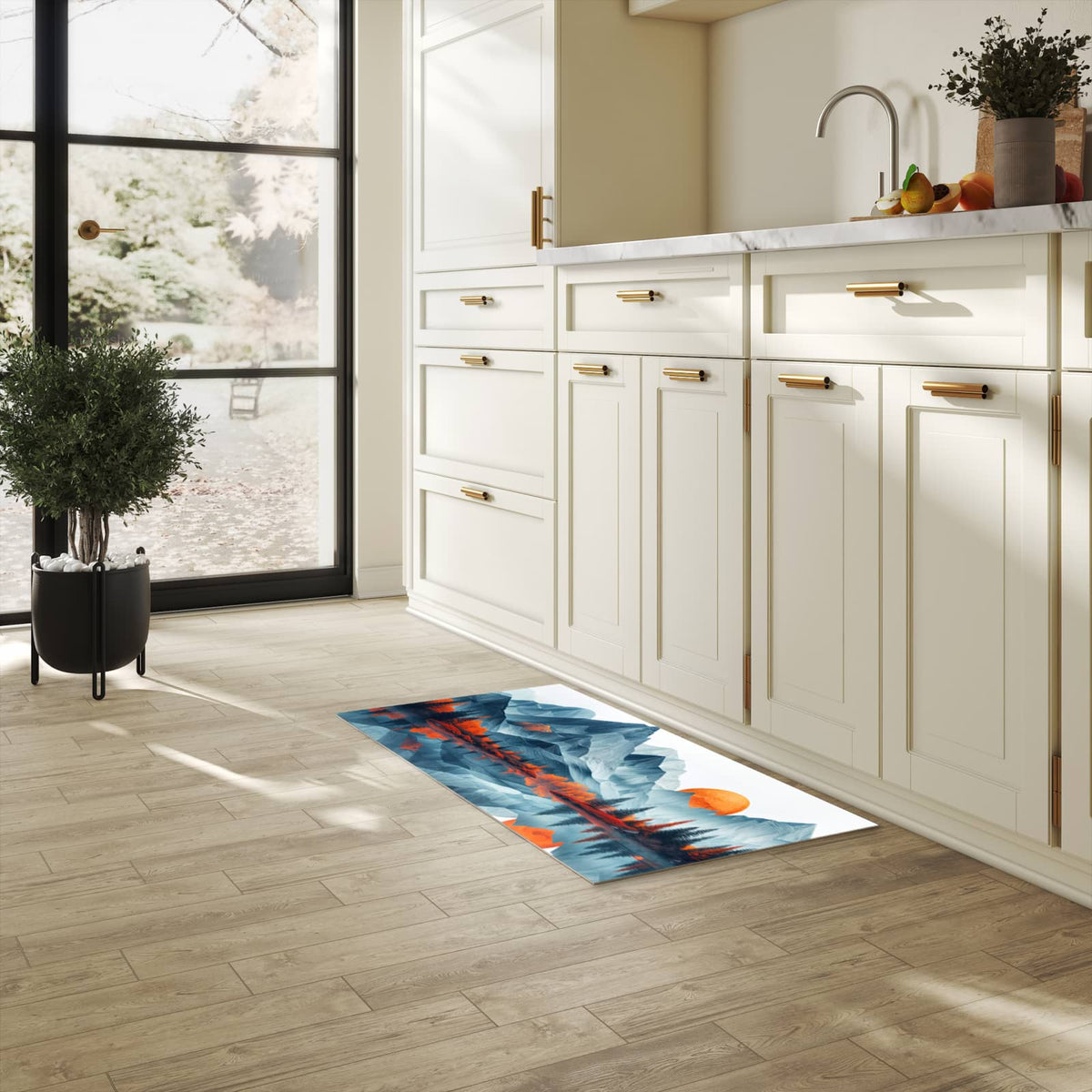 Bodenschonender Bodenläufer-Teppich mit Motiv Berge Mit Spiegelung in heller Küche