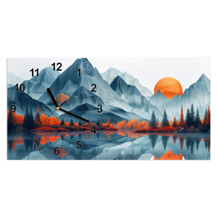 Wanduhr Berge Mit Spiegelung aus Glas – Querformat 60 × 30 cm mit Ziffernblatt Modern