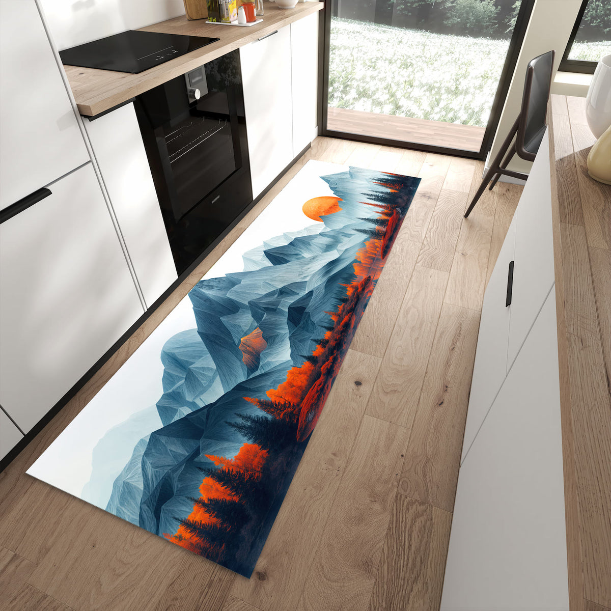 Flacher Küchenteppich mit Motiv Berge Mit Spiegelung in moderner Küche