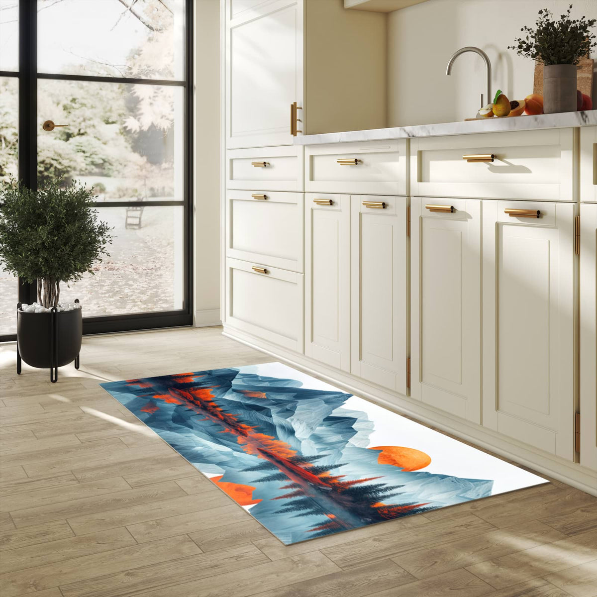 Wasserabweisender Küchenläufer mit Motiv Berge Mit Spiegelung in heller Küche