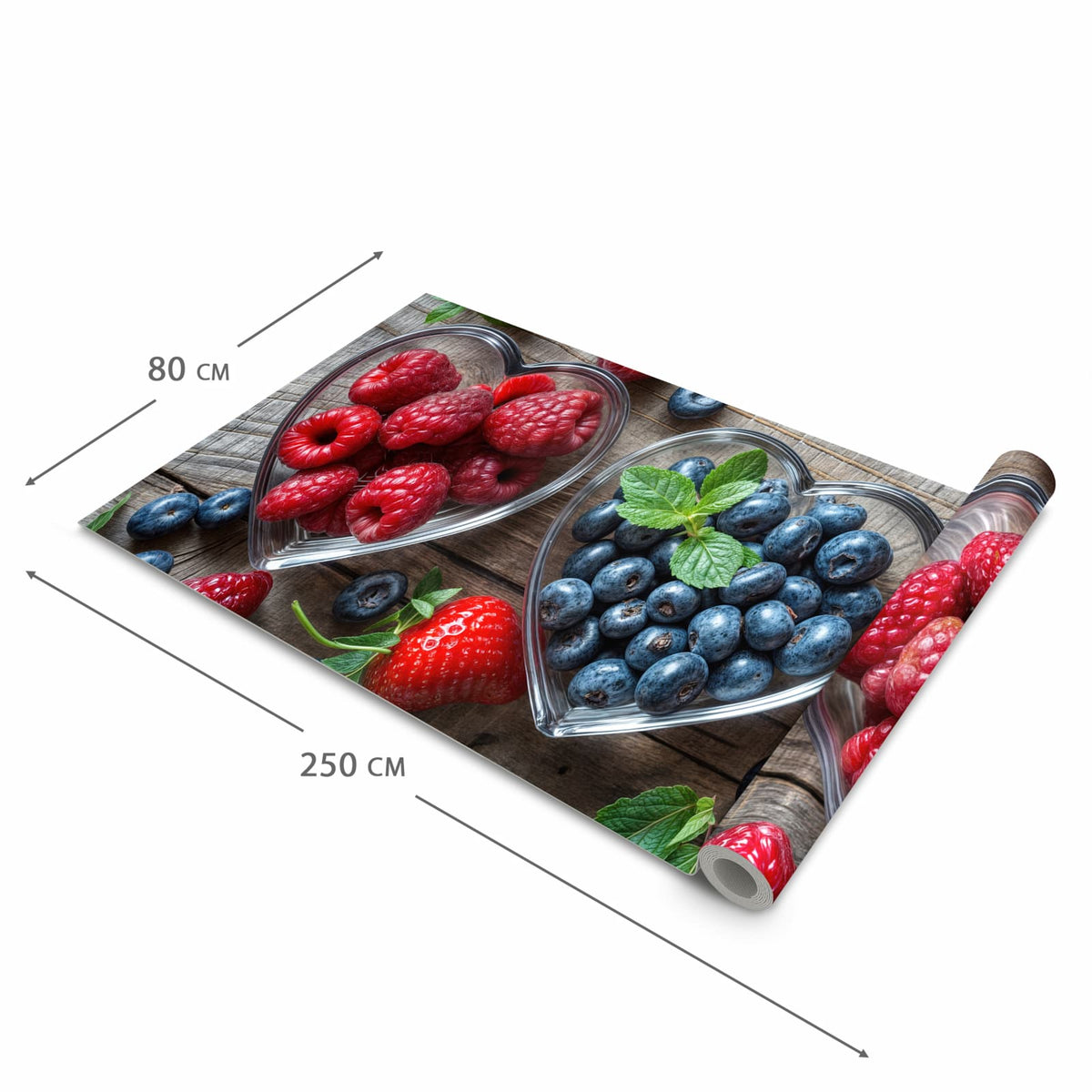Rutschfester Küchenläufer mit Motiv Herzschalen Beeren in der Grösse 90x180 cm für Trittkomfort