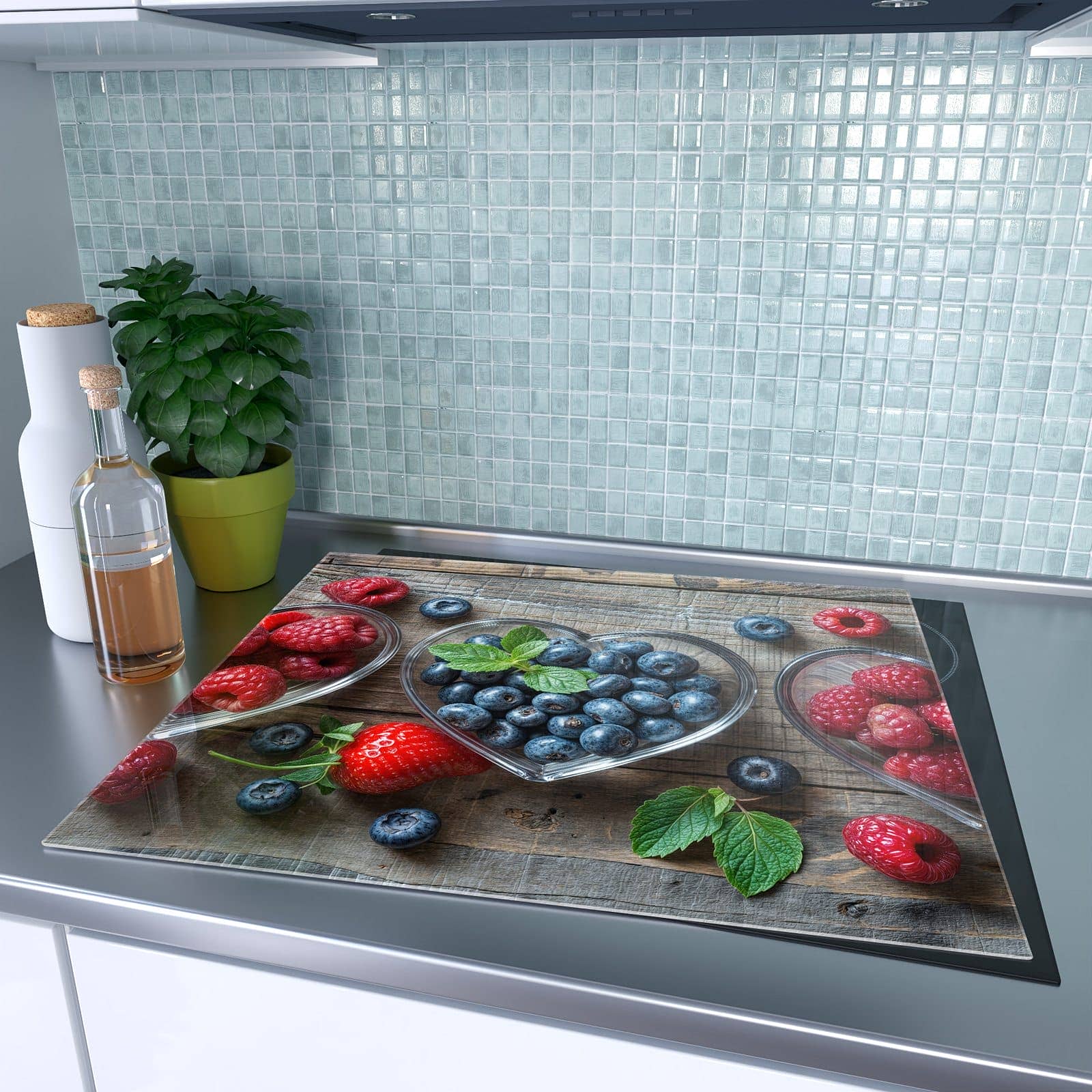 1-teilige Abdeckplatten für Ceranfeld mit Herzschalen Beeren-Motiv auf dem Ceranfeld