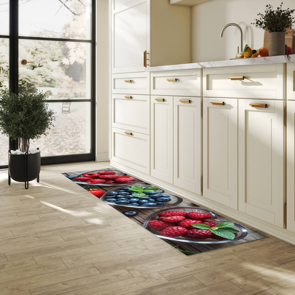 Komfortabler langer Teppich mit Motiv Herzschalen Beeren in heller Küche