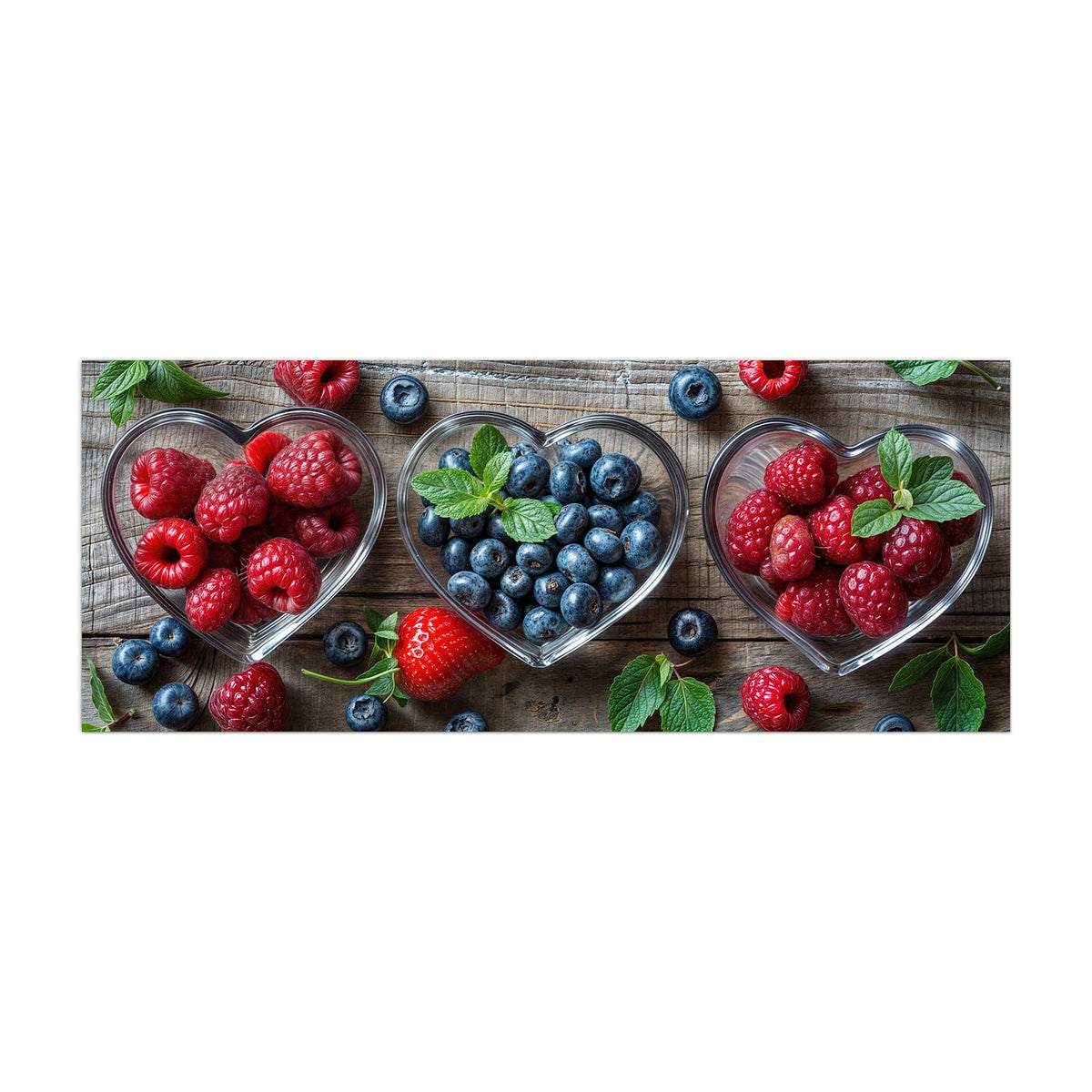 Küchenrückwand aus Glas Beeren in Herzschalen im Hochformat, Motiv bildfüllend von vorn